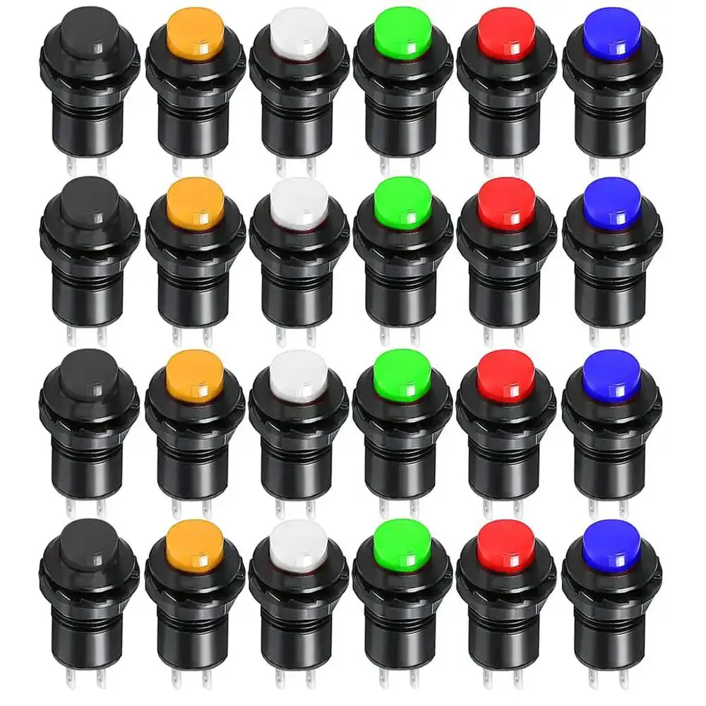 24 Pack 12mm Momentary Push Button Switch SPST On Off AC 250V 1.5A 125V 3A Lockless Mini Round Button Kit For Car Trumpet PC Table Lamp Home Doorbell 6 Colors Red Yellow Blue Green Black White