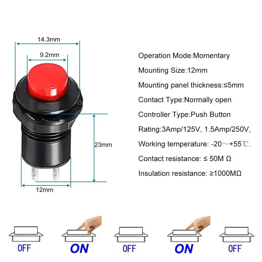 24 Pack 12mm Momentary Push Button Switch SPST On Off AC 250V 1.5A 125V 3A Lockless Mini Round Button Kit For Car Trumpet PC Table Lamp Home Doorbell 6 Colors Red Yellow Blue Green Black White - Image 2
