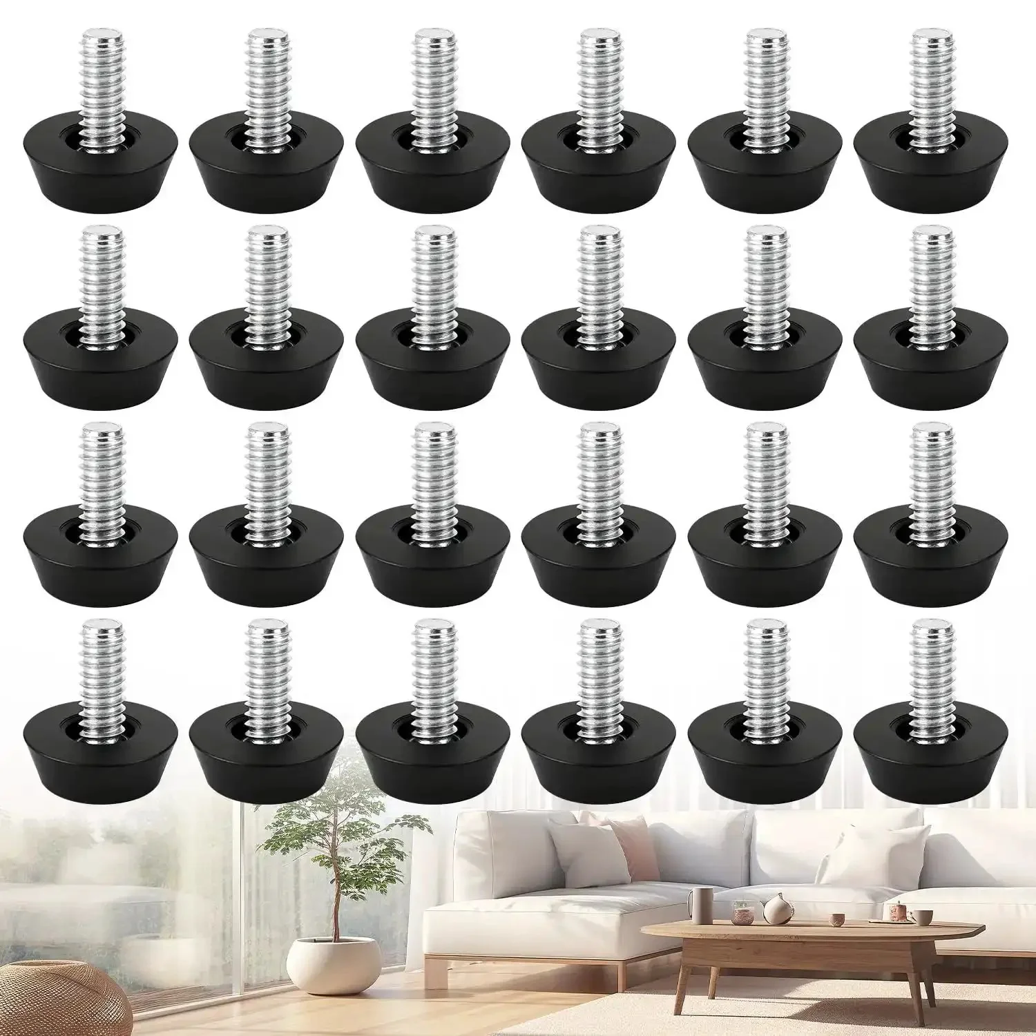 24 Pack Heavy Duty M6 Threaded Furniture Levelers Screw In Adjustable Leveling Feet For Chairs Tables And Cabinets Legs Built To Last Galvanized Iron With Black Plastic Bases For Stable Support And Floor Protection - Image 2