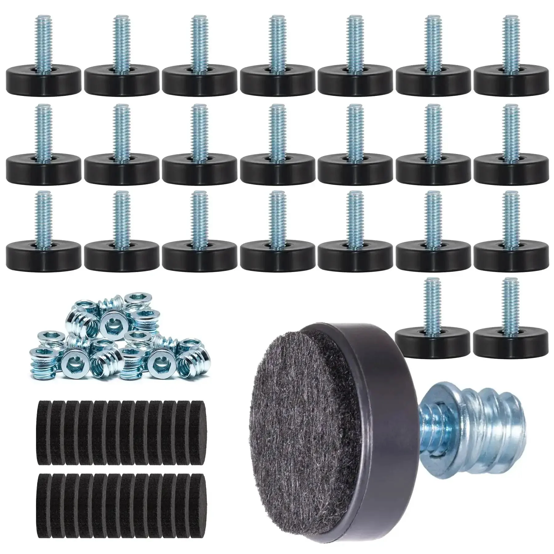 24 Pack M6 Thread Adjustable Furniture Levelers With Self Adhesive Felt Pads 1 Inch Leveling Feet And Floor Protectors For Chairs And Tables On Hardwood Floors Easy Install No Fuss Wobble Free Protection