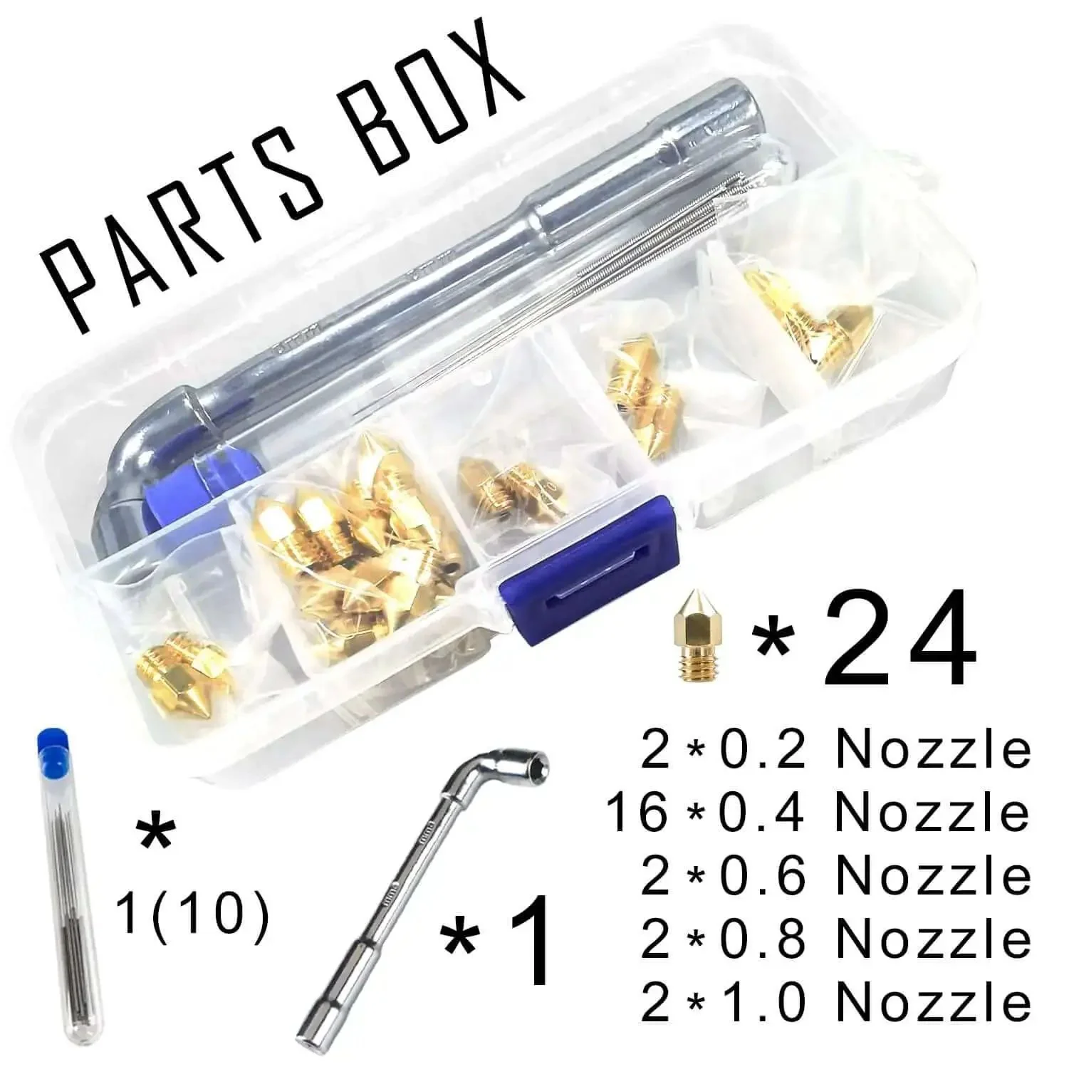 24 Piece Brass MK8 3D Printer Nozzle Set For Makers Pro Grade With 0.2mm 0.4mm 0.6mm 0.8mm 1.0mm Nozzles, DIY Tools And Metal Storage Box, Ready To Print, Compatible With CR 10 Ender 3 Series And More - Image 5