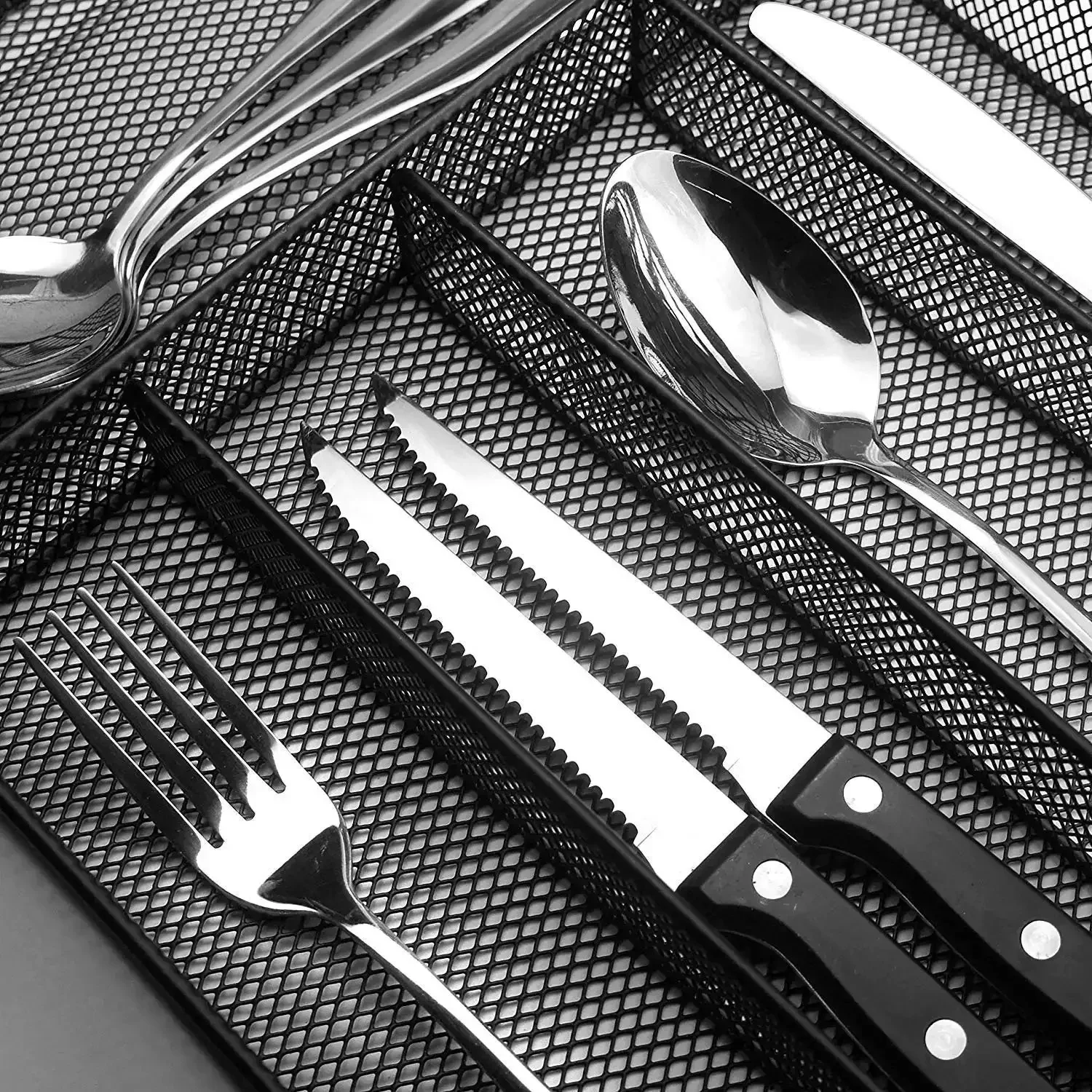 24 Piece Stainless Steel Silverware Set For 4 Dishwasher Safe Flatware Utensils With Knife Fork Spoon Steak Knife And Black Wire Mesh Storage Tray Included - Image 7