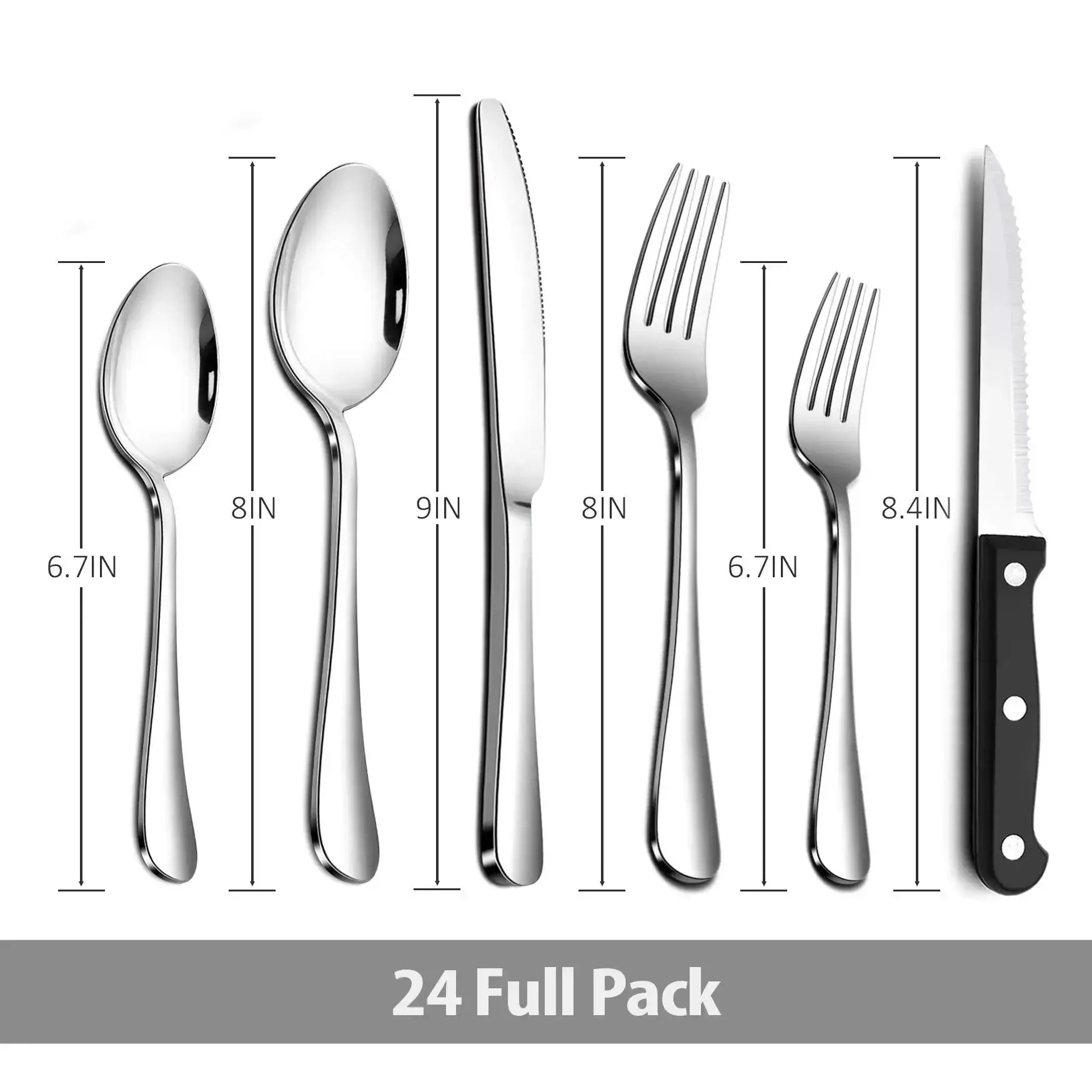 24 Piece Stainless Steel Silverware Set For 4 Dishwasher Safe Flatware Utensils With Knife Fork Spoon Steak Knife And Black Wire Mesh Storage Tray Included - Image 9
