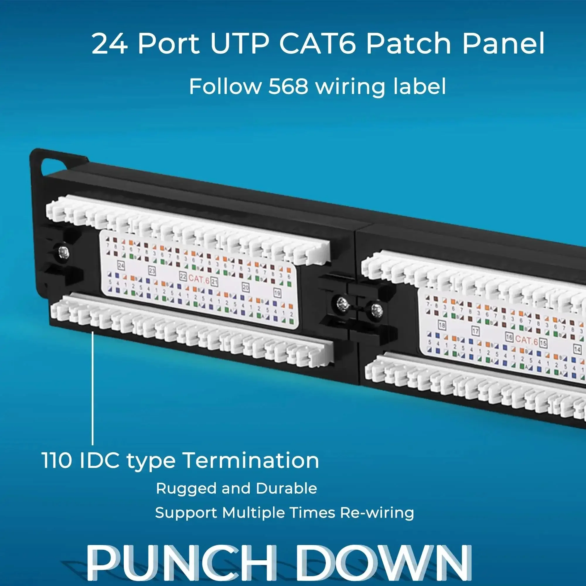 24 Port Cat6 Patch Panel With 10G Ready Ethernet, 19 Inch Rackmount Or Wall Mount, Plug-And-Play Punch Down Block For Cat6 Cat5e Cat5 Cabling, 1U Network Panel, Easy Install, Durable High Density Networking Solution - Image 5