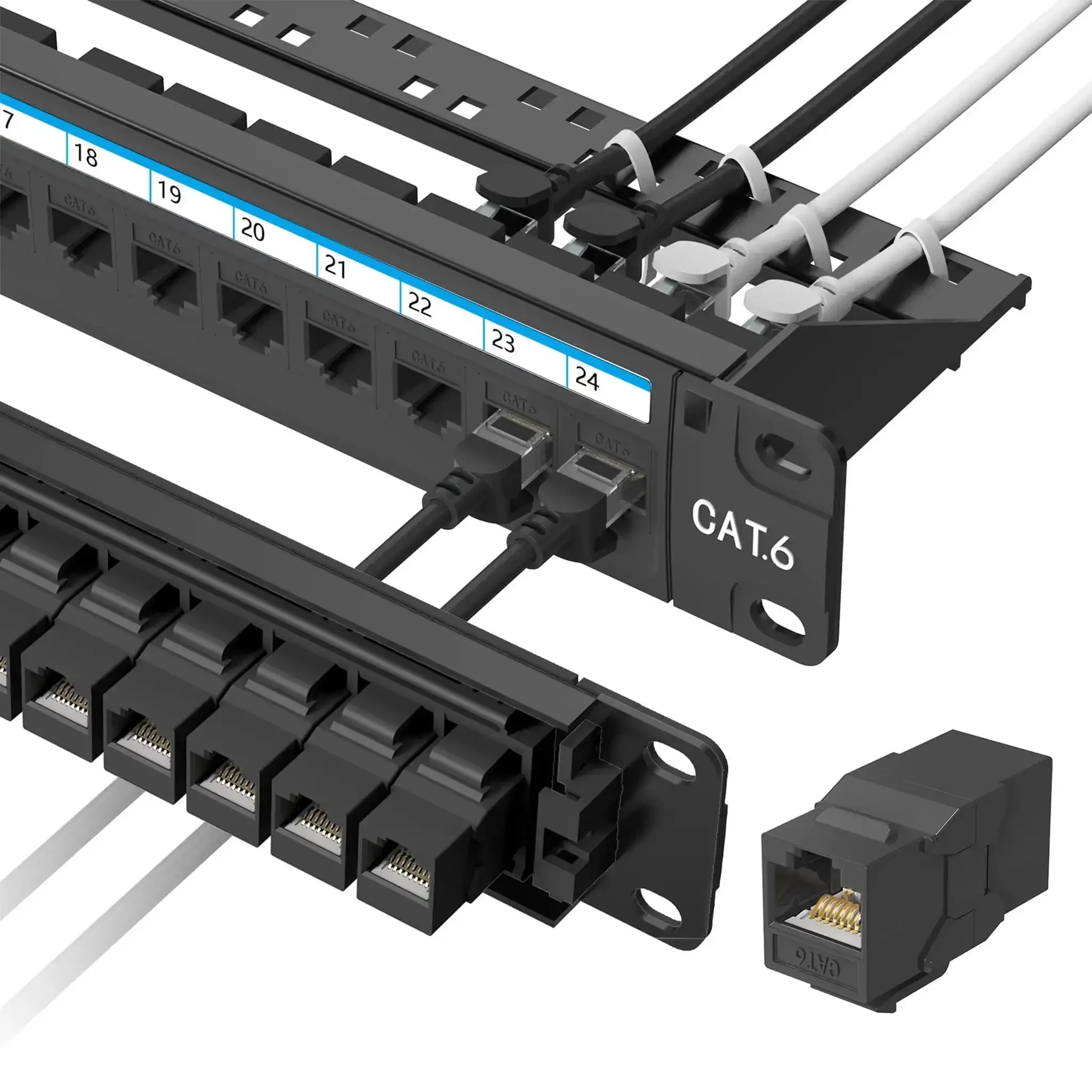 24 Port Pass Through Patch Panel For Rackmount Or Wall Mount 19 Inch 1U Cat6 Network Panel Preloaded With 24 Keystone Couplers Plus 1 Spare, 10Gbps Ethernet Panel With Cable Management And Back Bar