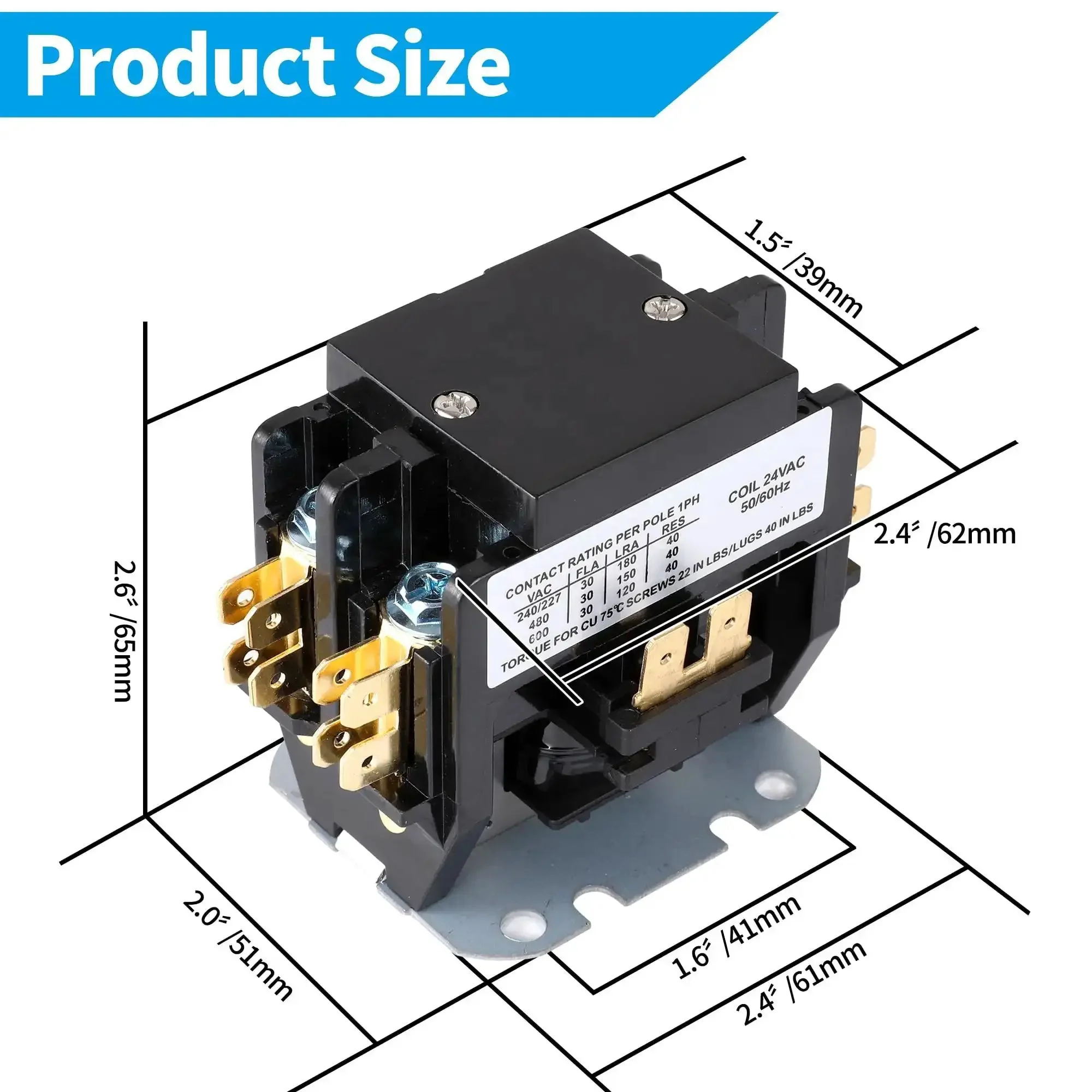 24 VAC 2-Pole 40 Amp HVAC Contactor For Air Conditioning Systems With Silver Alloy Contacts, Heavy Duty High Precision Silicon Steel Core, Pure Copper Coil, Flame Retardant Housing, Compatible With Condensers And Compressors - Image 5