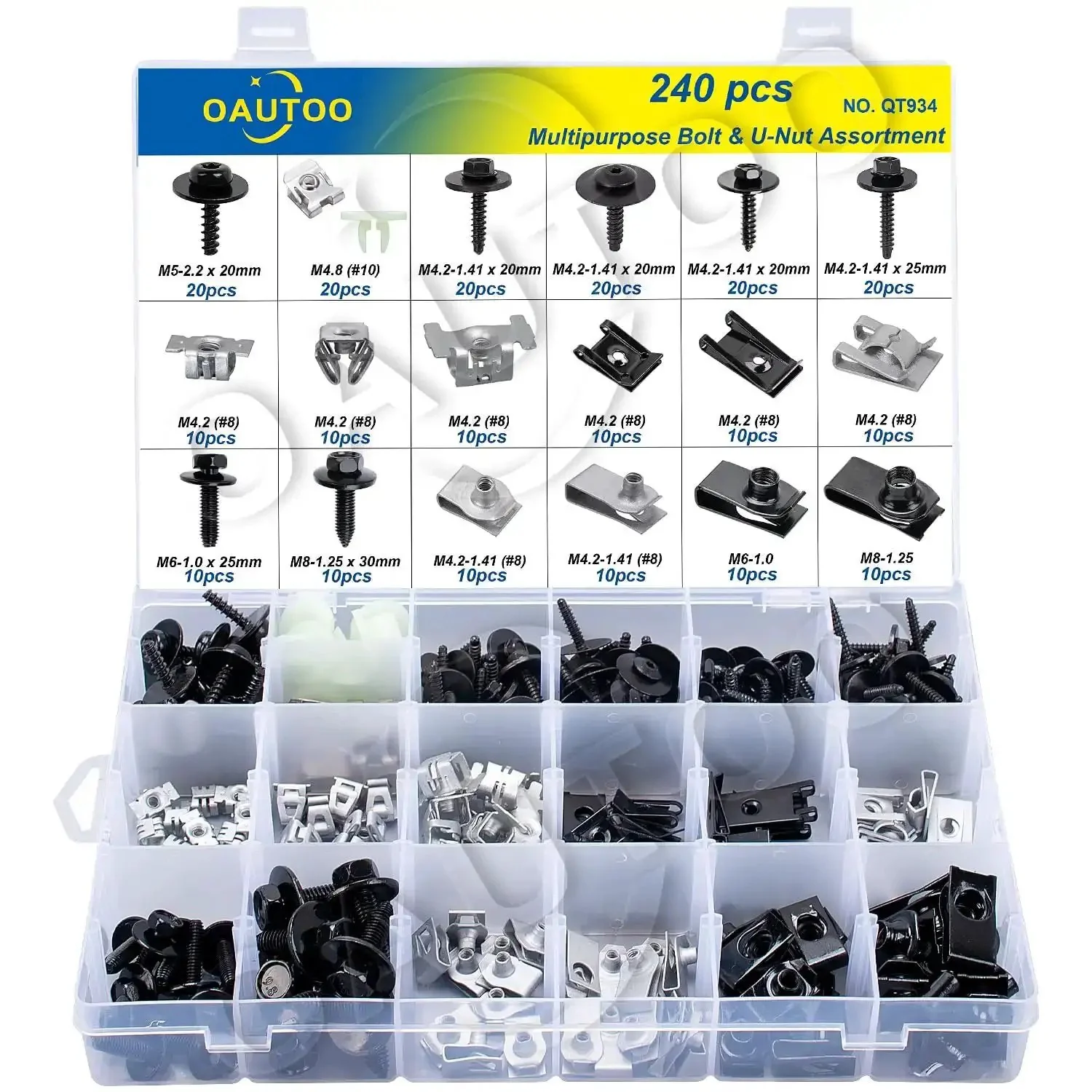 240-Piece Body Bolts And U-Nuts Kit For GM Ford Chrysler, Pro Grade Auto Fasteners Replacement Set With 19 Popular Sizes For Rock Solid Body Panels Trim And Assembly