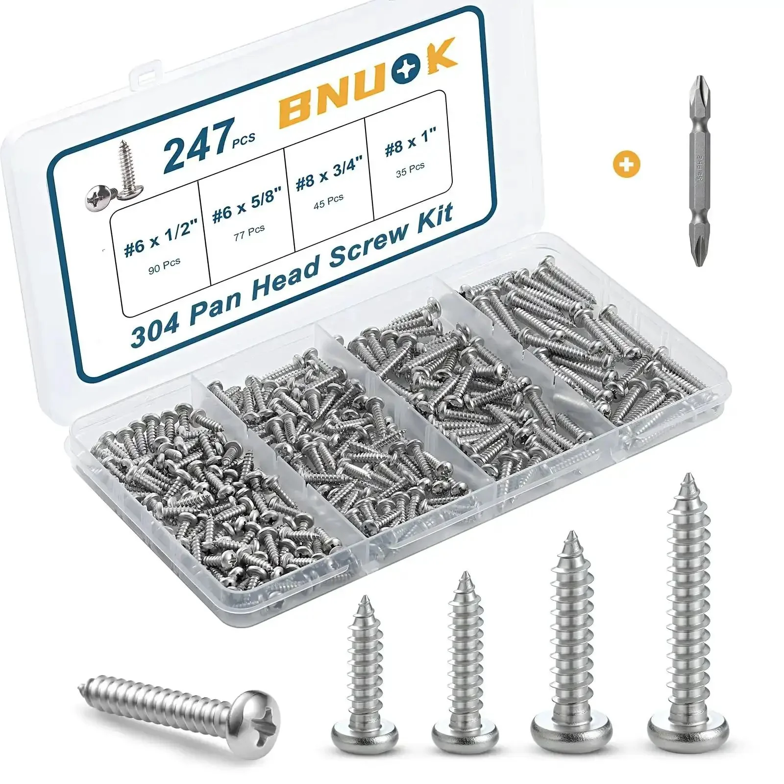 247 Piece Pan Head Wood Screw Set For Home DIY Projects, Stainless Steel 304 Self Tapping Screws, Phillips Drive, Includes Size Six One Half Inch, Size Six Five Eighths Inch, Size Eight Three Quarters Inch, Size Eight One Inch, Sheet Metal Screws