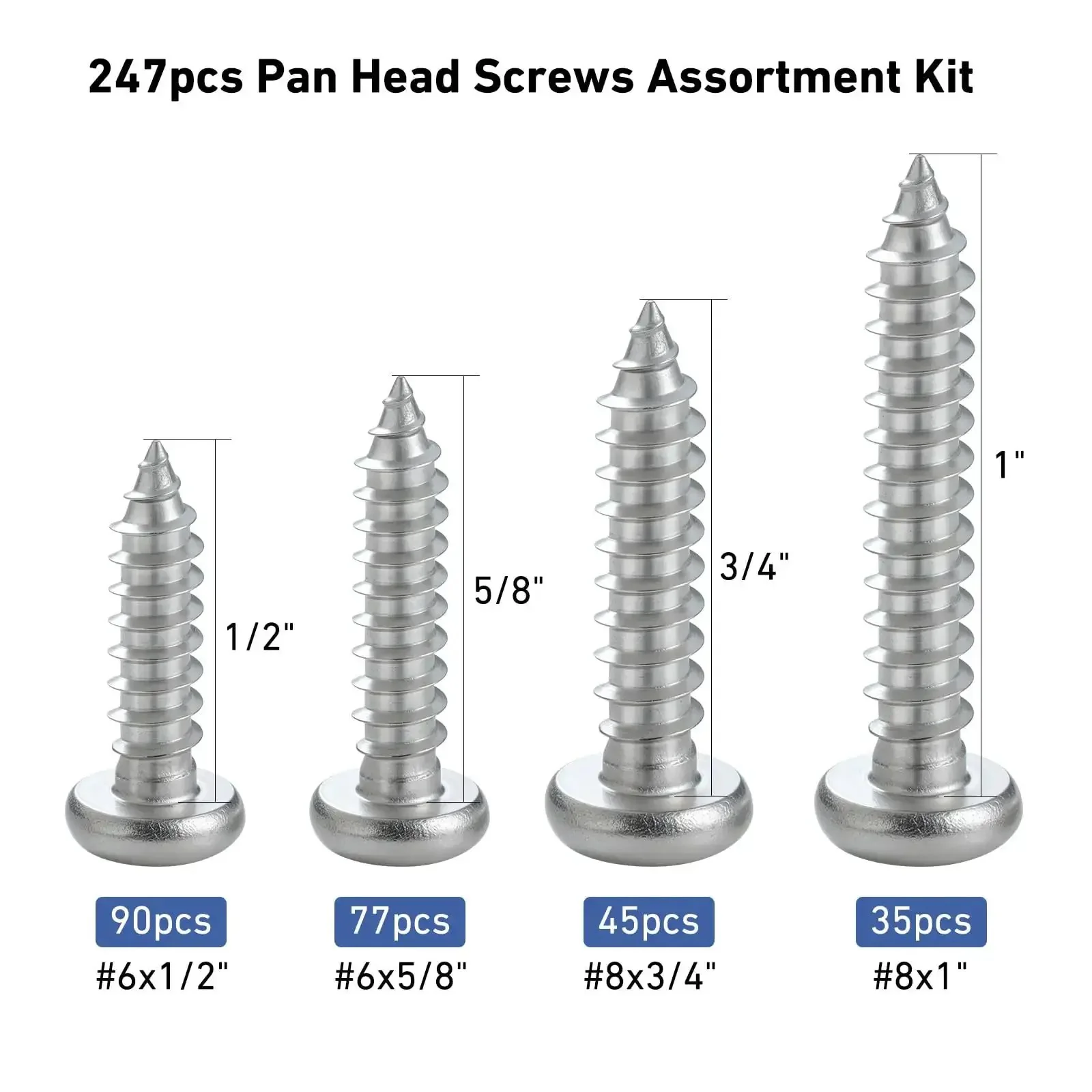 247 Piece Pan Head Wood Screw Set For Home DIY Projects, Stainless Steel 304 Self Tapping Screws, Phillips Drive, Includes Size Six One Half Inch, Size Six Five Eighths Inch, Size Eight Three Quarters Inch, Size Eight One Inch, Sheet Metal Screws - Image 5