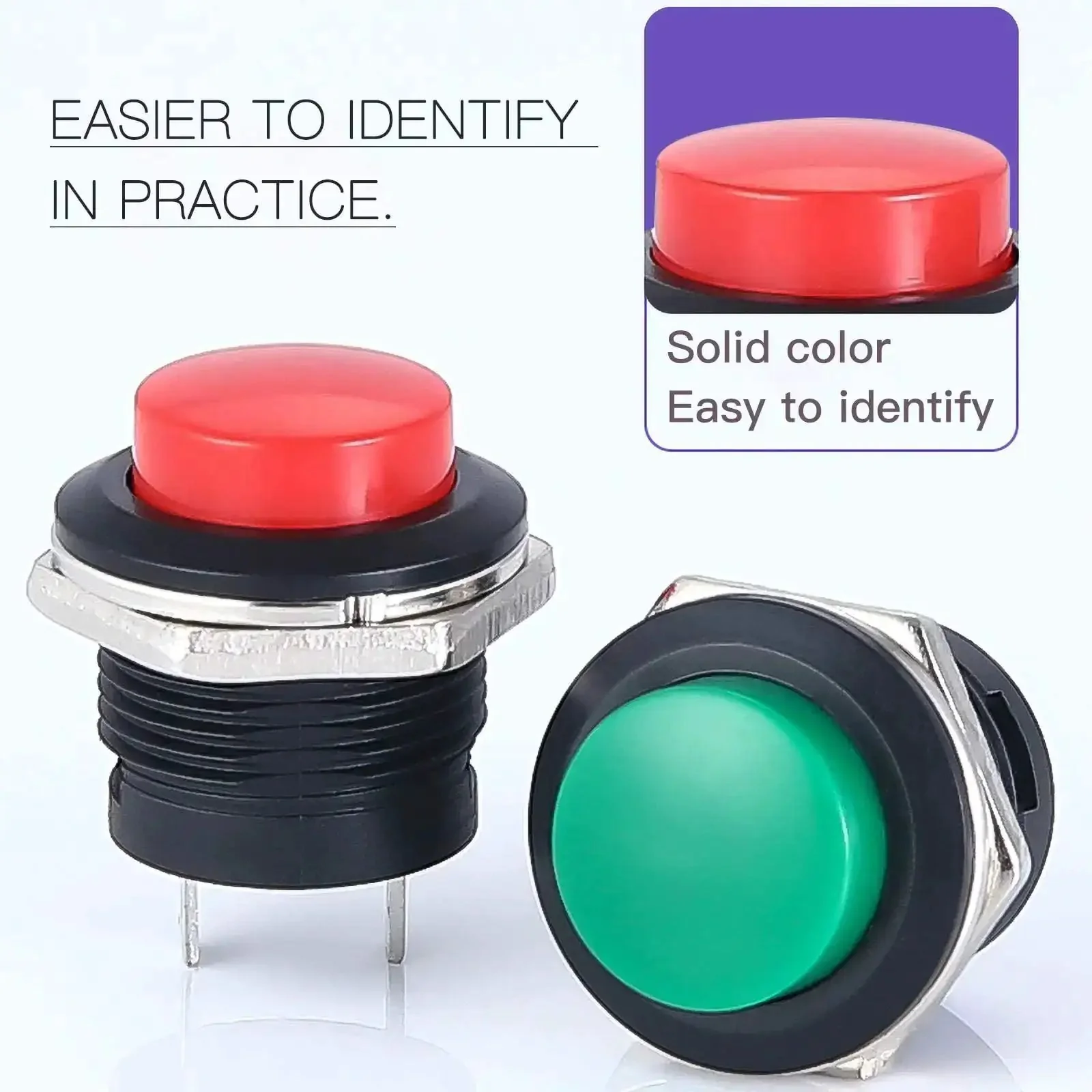 24Pcs 16Mm Momentary Push Button Switches 2 Pin Self Resetting Round On Off Assorted Red Green Yellow Blue White Black 3A 250V AC Mini Button Switch Kit - Image 4