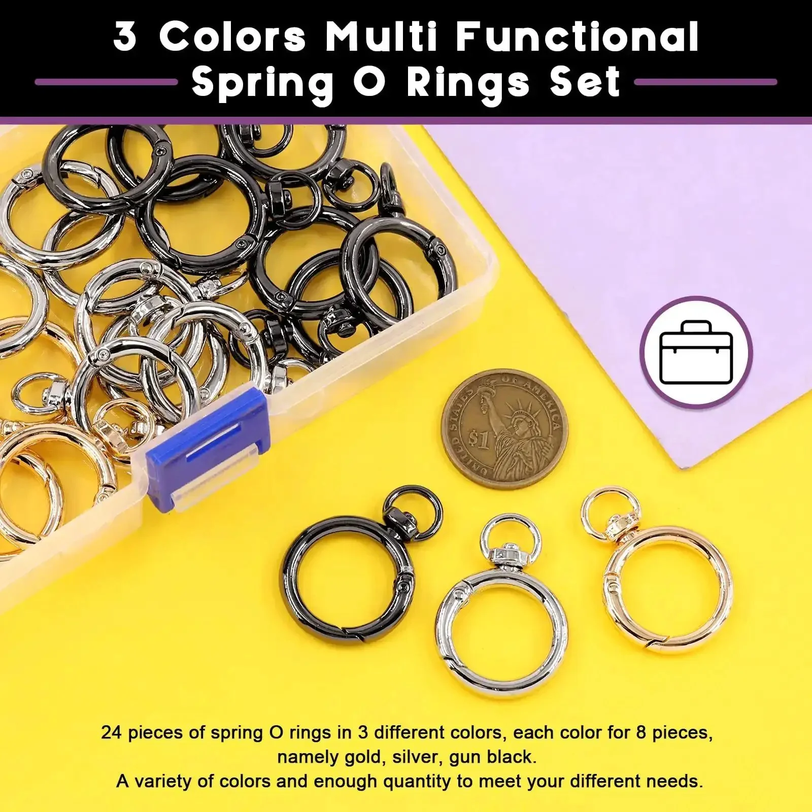 24Pcs Round Spring Clips Kit With Swivel Snap Hooks O Rings D Rings Buckles In 3 Colors 20Mm Inside Diameter Three Quarter Inch For Diy Crafting Jewelry Making Bags Belts And More - Image 6