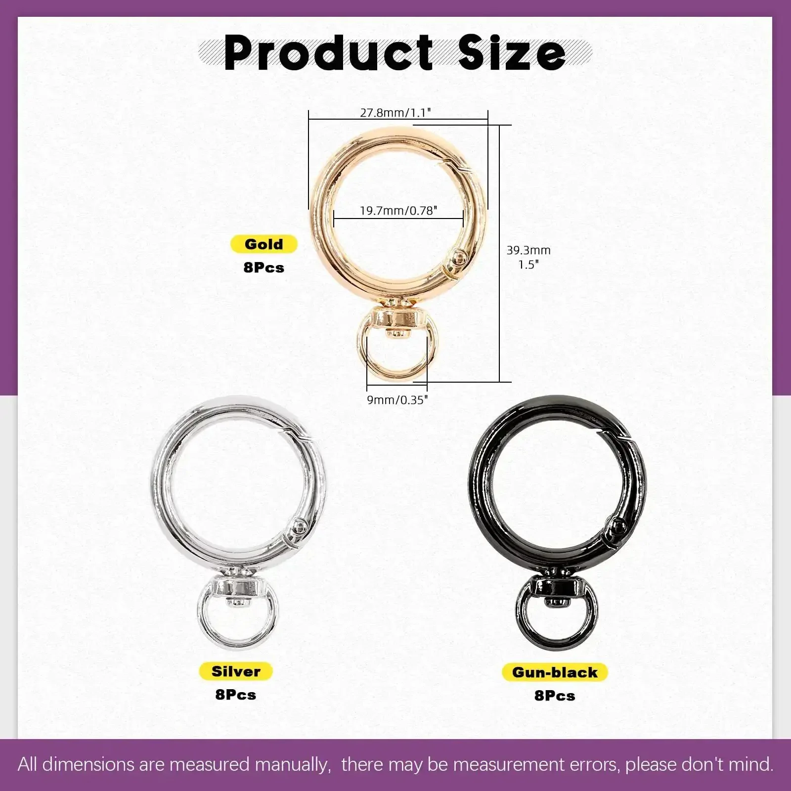 24Pcs Round Spring Clips Kit With Swivel Snap Hooks O Rings D Rings Buckles In 3 Colors 20Mm Inside Diameter Three Quarter Inch For Diy Crafting Jewelry Making Bags Belts And More - Image 7