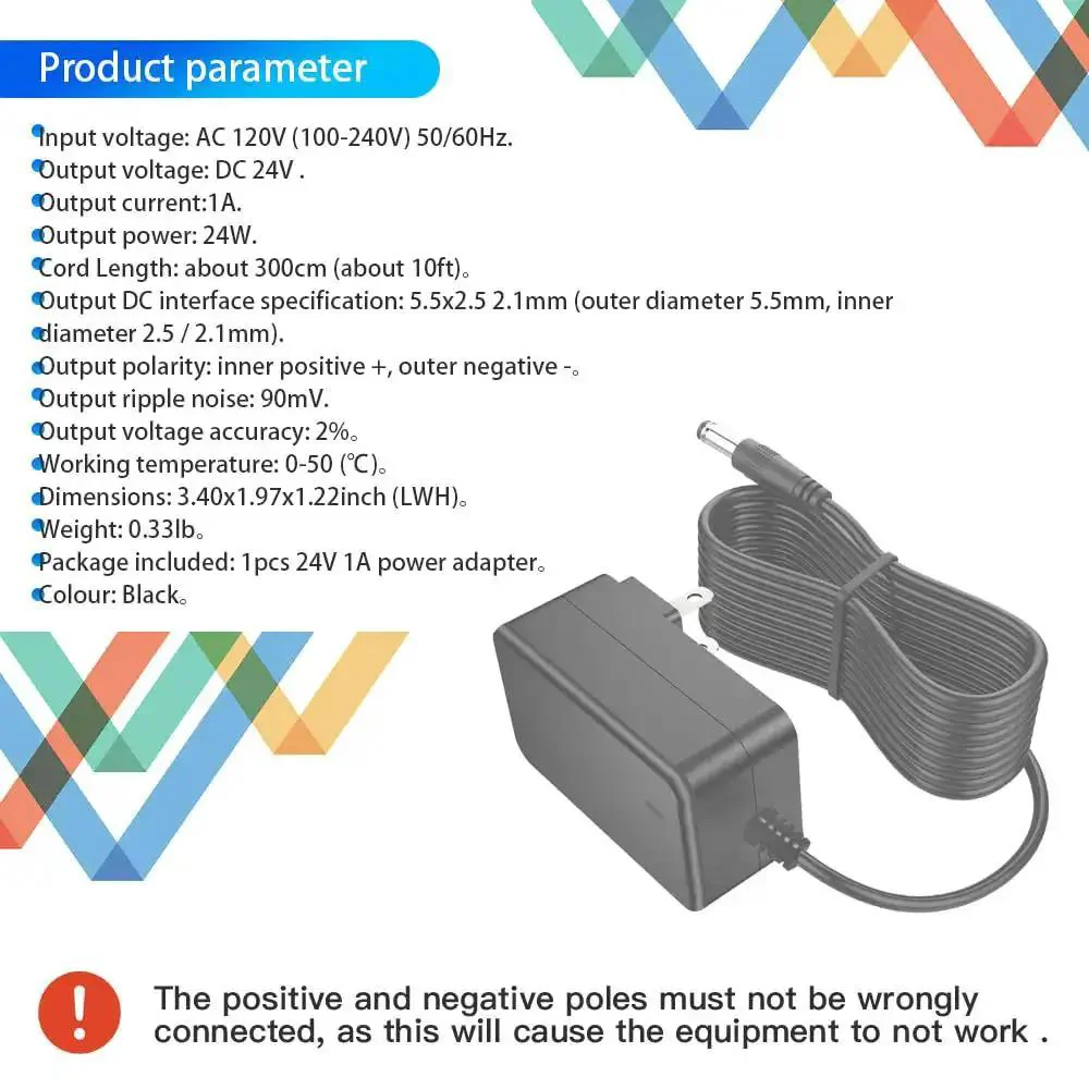 24V 1A DC Power Supply Adapter With Universal 100-240V AC Input And 24W Output, Safe Switching Design, Plug And Play 10 Feet Extra Long DC Extension Cord And 5.5mm x 2.5/2.1mm DC Plug, Great For CCTV Cameras LED Strips Routers - Image 4