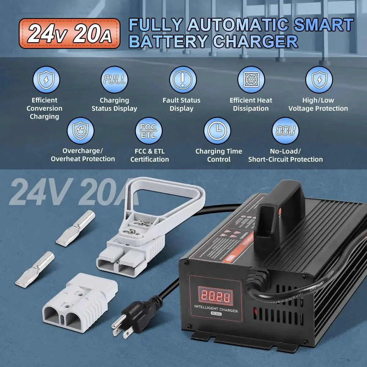 24V 20A Fully Automatic Forklift Battery Charger With Smart 4-Stage Charging, LCD Display, 7 Protections, Pro Grade Lead-Acid Battery Charger For Forklifts, Pallet Jacks, And Floor Scrubbers - Image 9