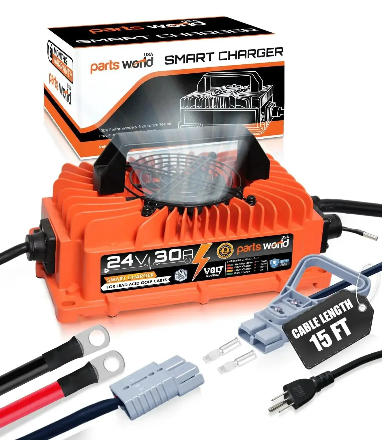 24V 30A Lead Acid Industrial Built Tough Battery Charger For Forklifts Pallet Jacks Scrubbers And Golf Carts With Anderson Plug Temperature Sensor Fast Charging TrickleFlow IP67 Waterproof And 16 Foot Power Cable