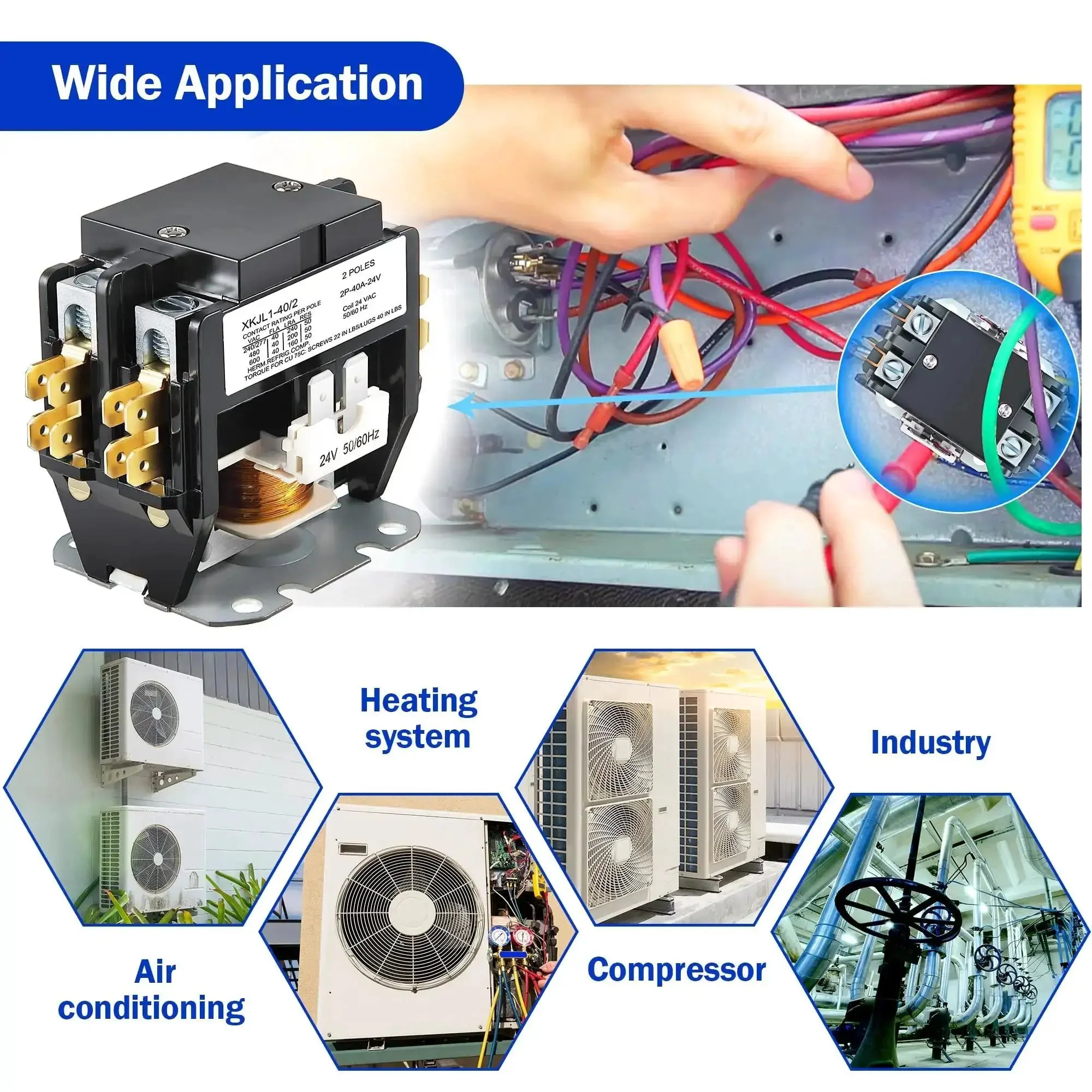 24V Two Pole HVAC Contactor For Air Conditioners 40A Full Load 50A Resistive UL Certified Replacement Relay Drop In Compatible With C230b Heat Pumps And Refrigeration Systems - Image 2