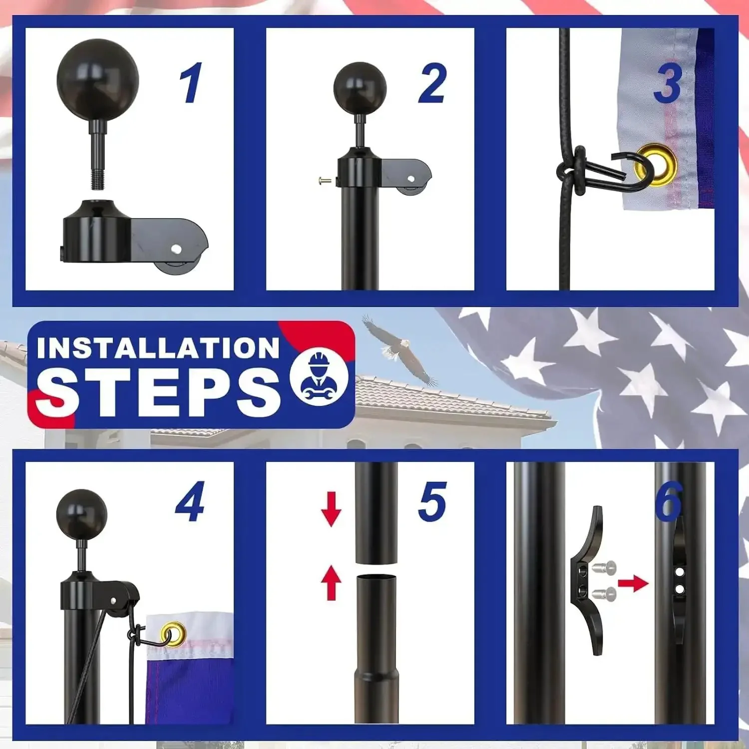 25 Foot Heavy Duty Flag Pole Built Tough Aluminum Rust Resistant Wind Tested To 100 MPH Two Flags Includes Nylon Embroidered 5x3 Flag Outdoor Yard Commercial Or Residential Installations - Image 4