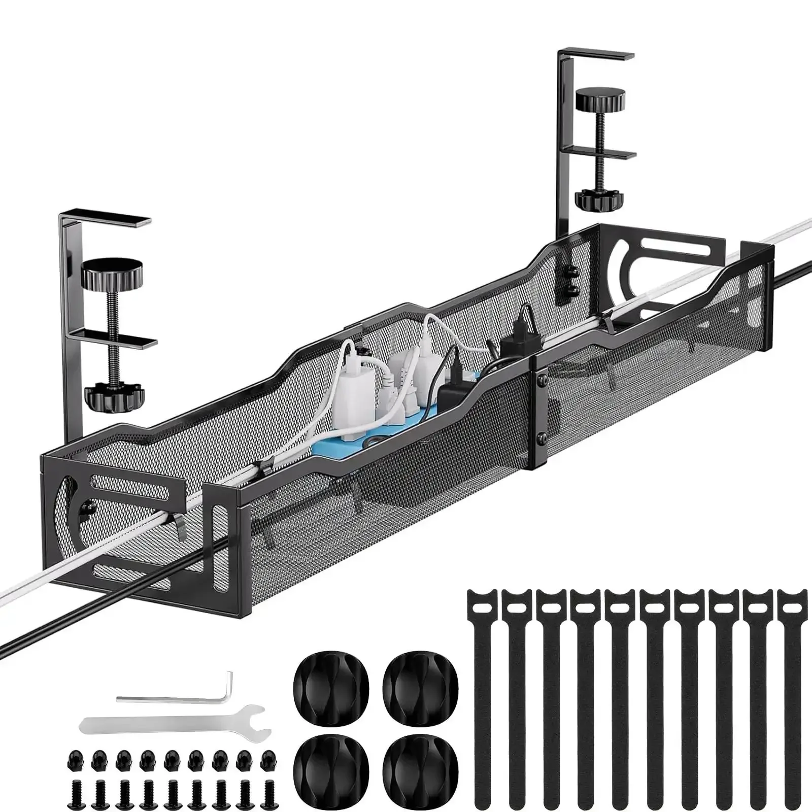 25 Inch Under Desk Cable Management Tray No Drill Clamp Heavy Duty Metal Cord Organizer For Standing Desk And Home Office Keep Cables Tidy Hidden And Safe With Sleek Black Finish