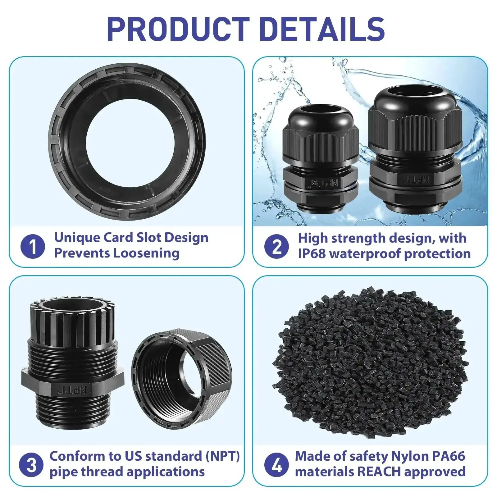25 Pack Nylon Cable Gland Joints One Half Inch NPT Waterproof IP68 With Gaskets Adjustable Lock Nut Strain Relief Cord Grip All Weather Heavy Duty Cable Glands UL Listed RoHS Compliant - Image 4