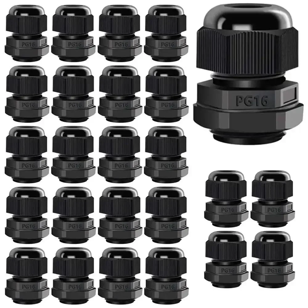 25 Pack PG16 Cable Glands Heavy Duty Waterproof IP68 Adjustable 8.5-14mm With Rubber Gaskets M22 X 1.5 Wire Connector And Wire Protector For Enclosures And Outdoor Equipment Plastic Black