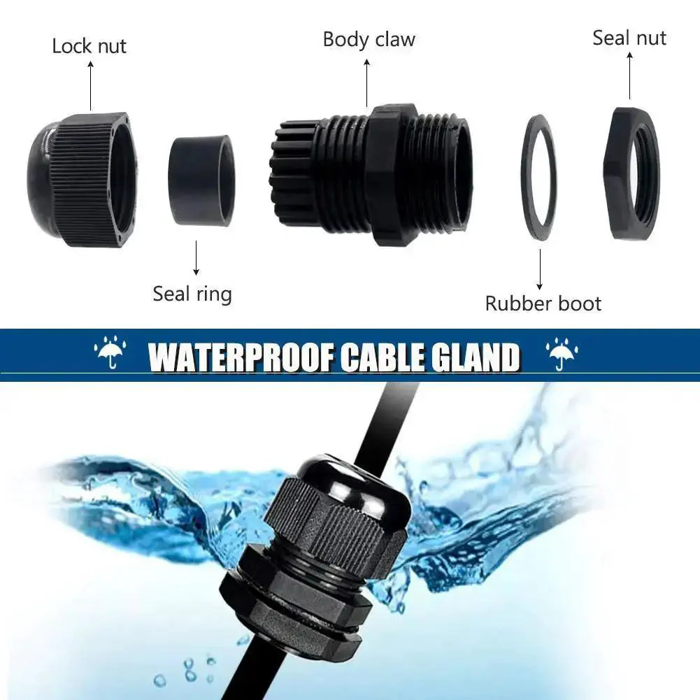 25 Pack PG16 Cable Glands Heavy Duty Waterproof IP68 Adjustable 8.5-14mm With Rubber Gaskets M22 X 1.5 Wire Connector And Wire Protector For Enclosures And Outdoor Equipment Plastic Black - Image 6