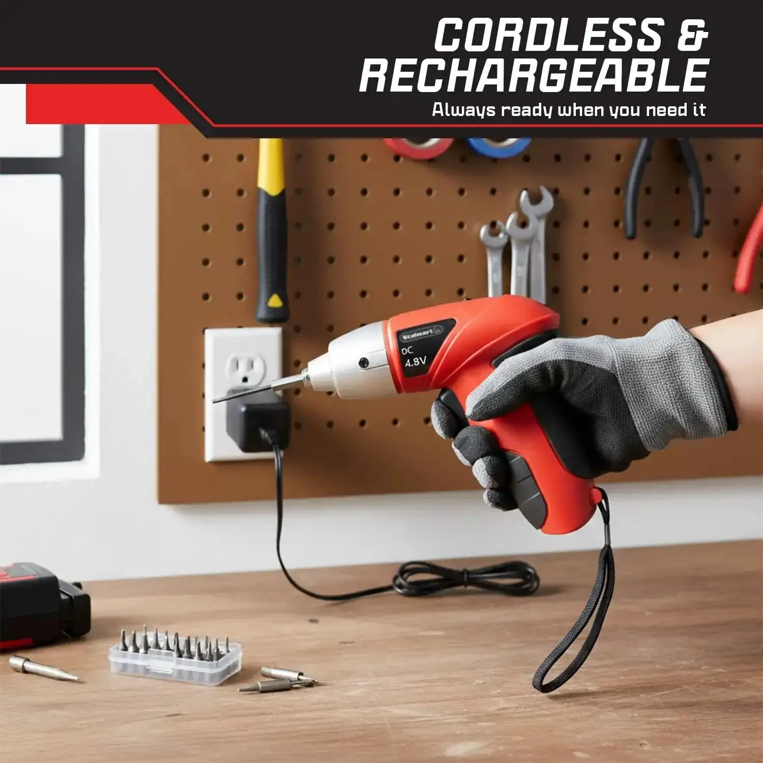 25-Piece Cordless Screwdriver Set With LED Work Light, Automatic Spindle Lock, Forward And Reverse, And Drill Bit Collection, Rechargeable With Charging Cord, Built For Easy Home DIY Projects In Red - Image 6