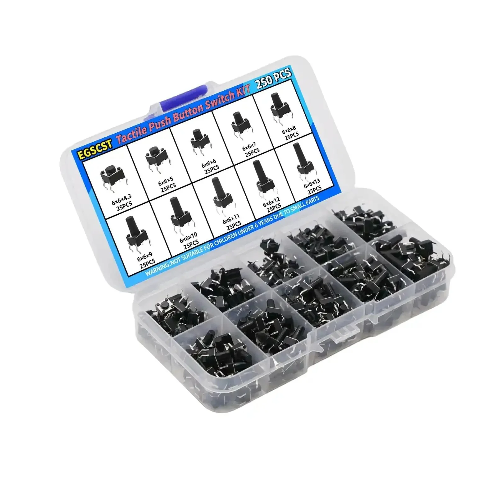 250 Piece 10 Value 6x6mm Tactile Push Button Switch Kit For Arduino And Breadboard Projects, Micro Momentary 4 Pin Tact Switches, Sizes 4.3mm To 13mm, DC 12V, Maker Friendly Prototyping Gear - Image 2
