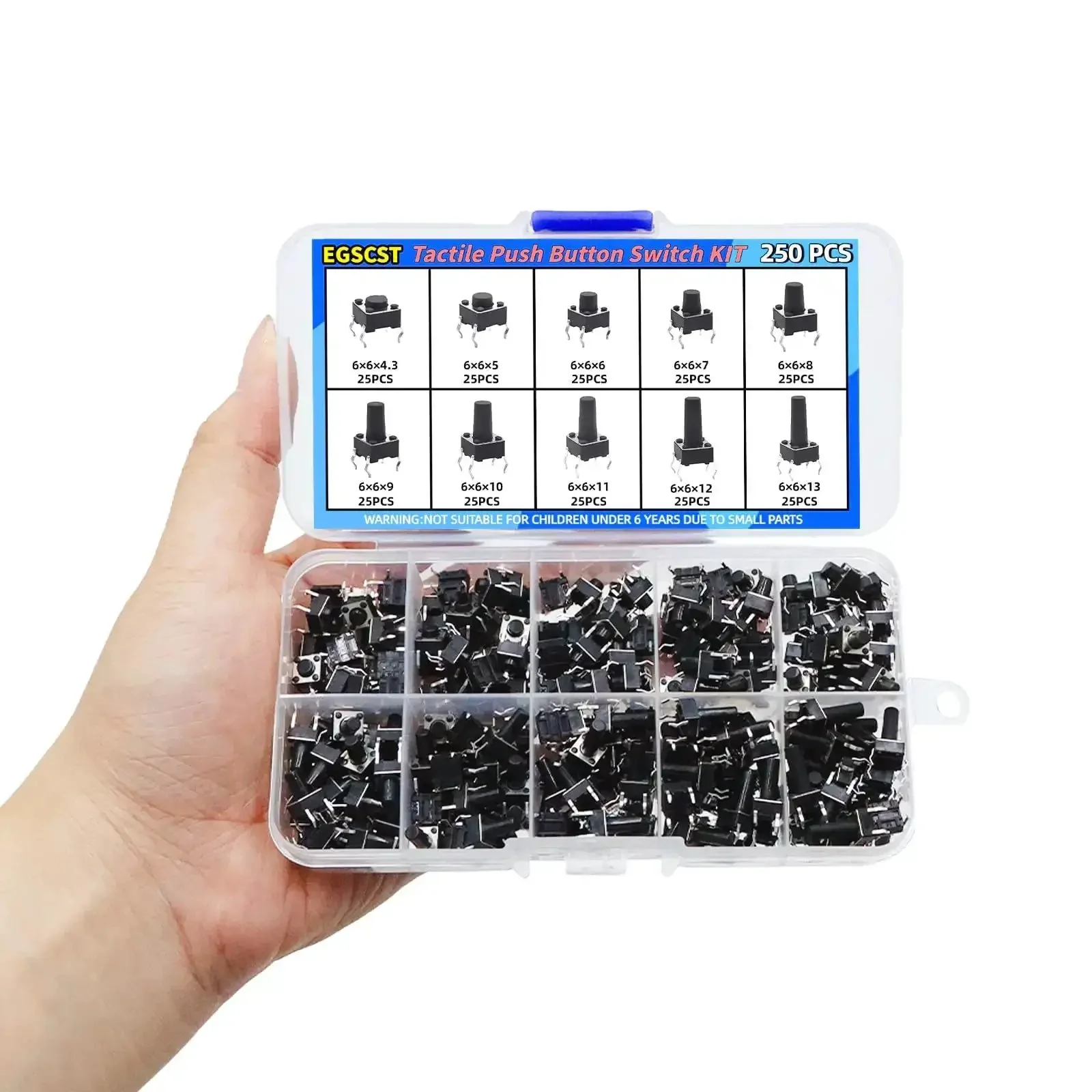 250 Piece 10 Value 6x6mm Tactile Push Button Switch Kit For Arduino And Breadboard Projects, Micro Momentary 4 Pin Tact Switches, Sizes 4.3mm To 13mm, DC 12V, Maker Friendly Prototyping Gear - Image 4