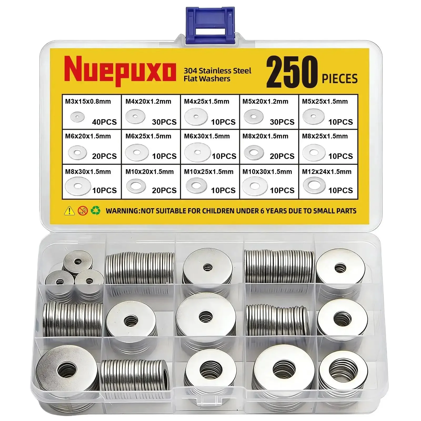 250 Piece Flat Washers Set In 304 Stainless Steel Fender Style 15 Sizes M3 M4 M5 M6 M8 M10 M12 Metric Metal Washers For Screws And Bolts Pro Grade DIY Friendly For Auto Home And Industrial Projects