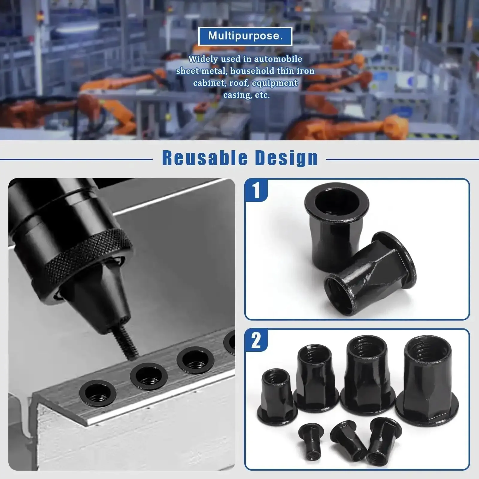 250 Piece Threaded Rivet Nuts Set M3 Through M12 Half Hex Head Black Zinc Plated Carbon Steel Flat Head Rivnuts Built Tough For Construction And Industrial Projects Knurled Non Slip Surface - Image 3