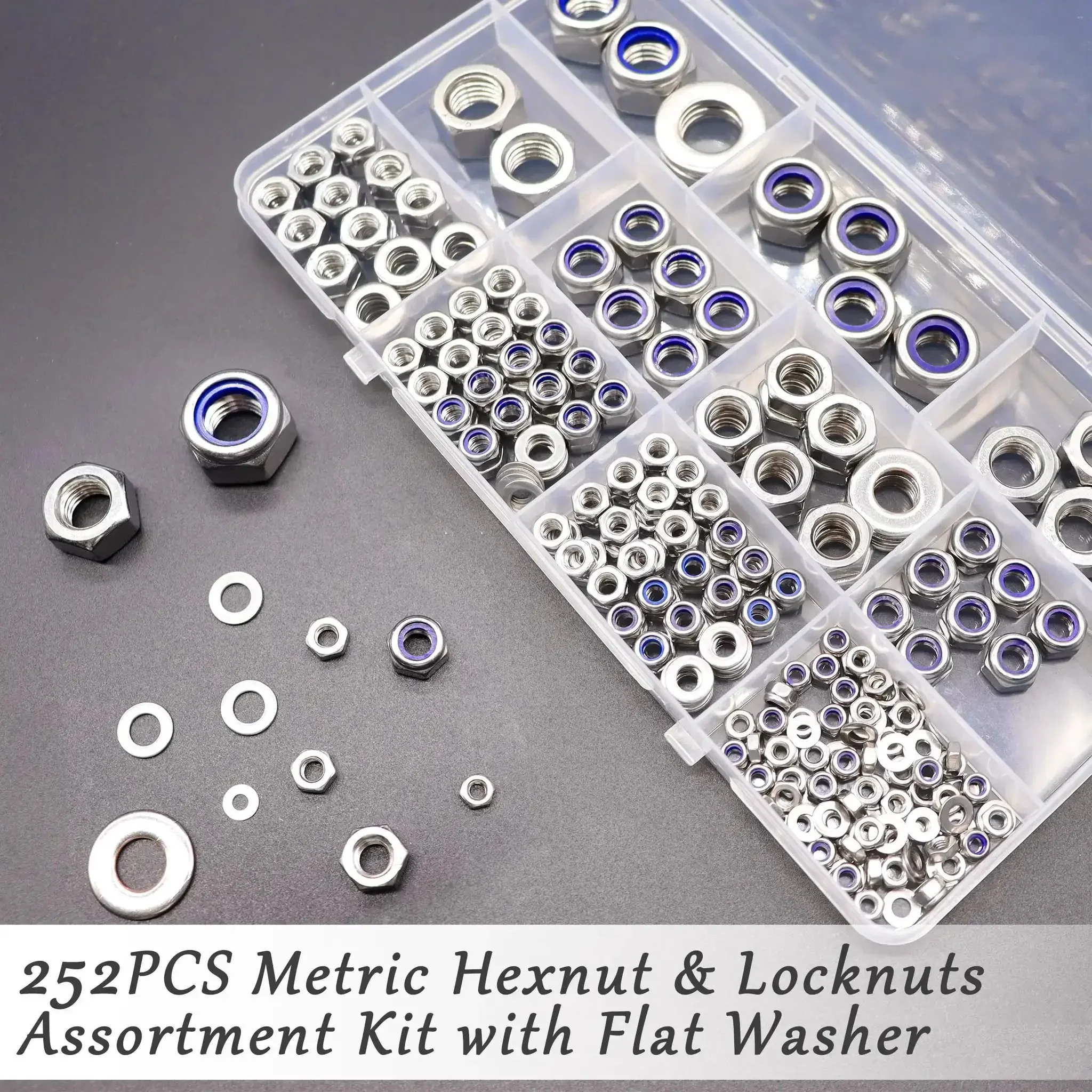 252 Piece Hex Nut and Lock Nut Set With Flat Washers in 304 Stainless Steel M3 to M12 Seven Sizes Pro Grade Hardware Nuts and Washers Kit for DIY Projects Auto Repair and Home Use - Image 3