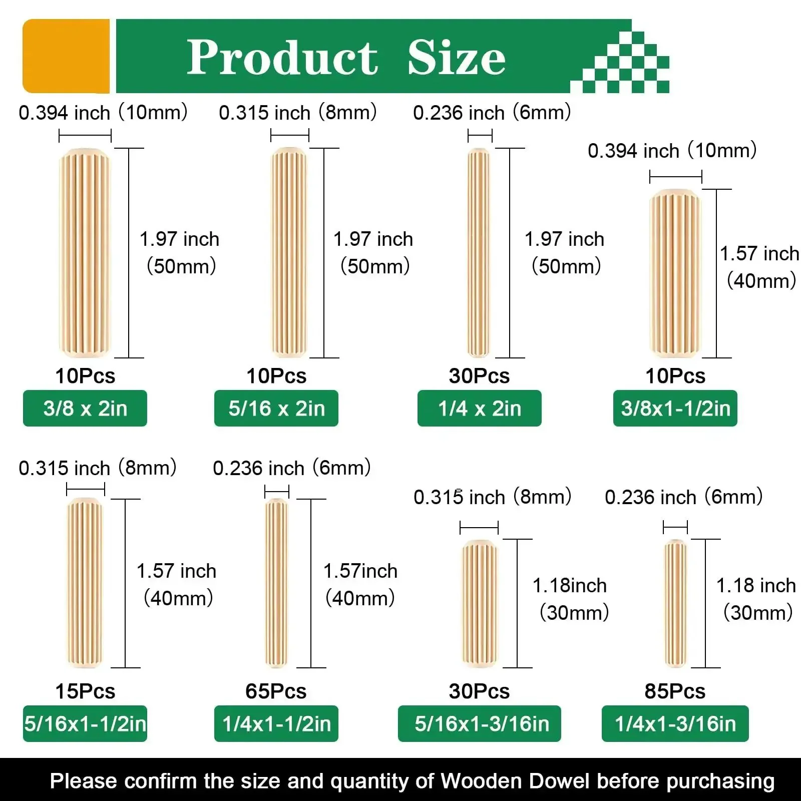 255 Piece Wood Dowel Set With One Quarter, Five Sixteenths, And Three Eighths Inch Fluted Dowels For Crafts And Furniture DIY High Density Beveled Dowel Pins Easy Glue Fit Air Free Insertion Schima Superba Hardwood - Image 5