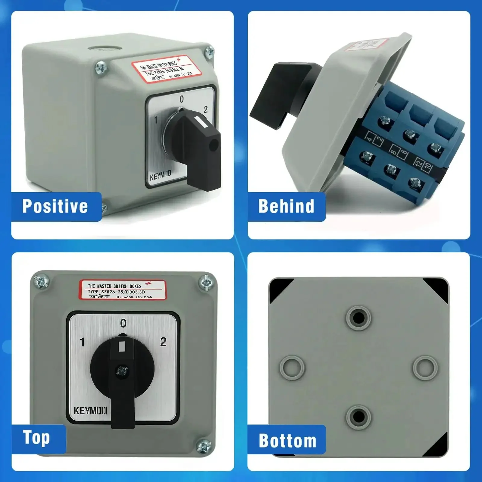 25A Rotary Changeover Switch In Exterior Box For Solar Power System With 3 Positions 3 Phase 12 Terminals 2 Way 3NO 3NC Universal Selector Switch 25 D303 3D Durable Flame Retardant PC Housing With Copper Silver Alloy Contacts Ideal For Home Solar And - Image 3