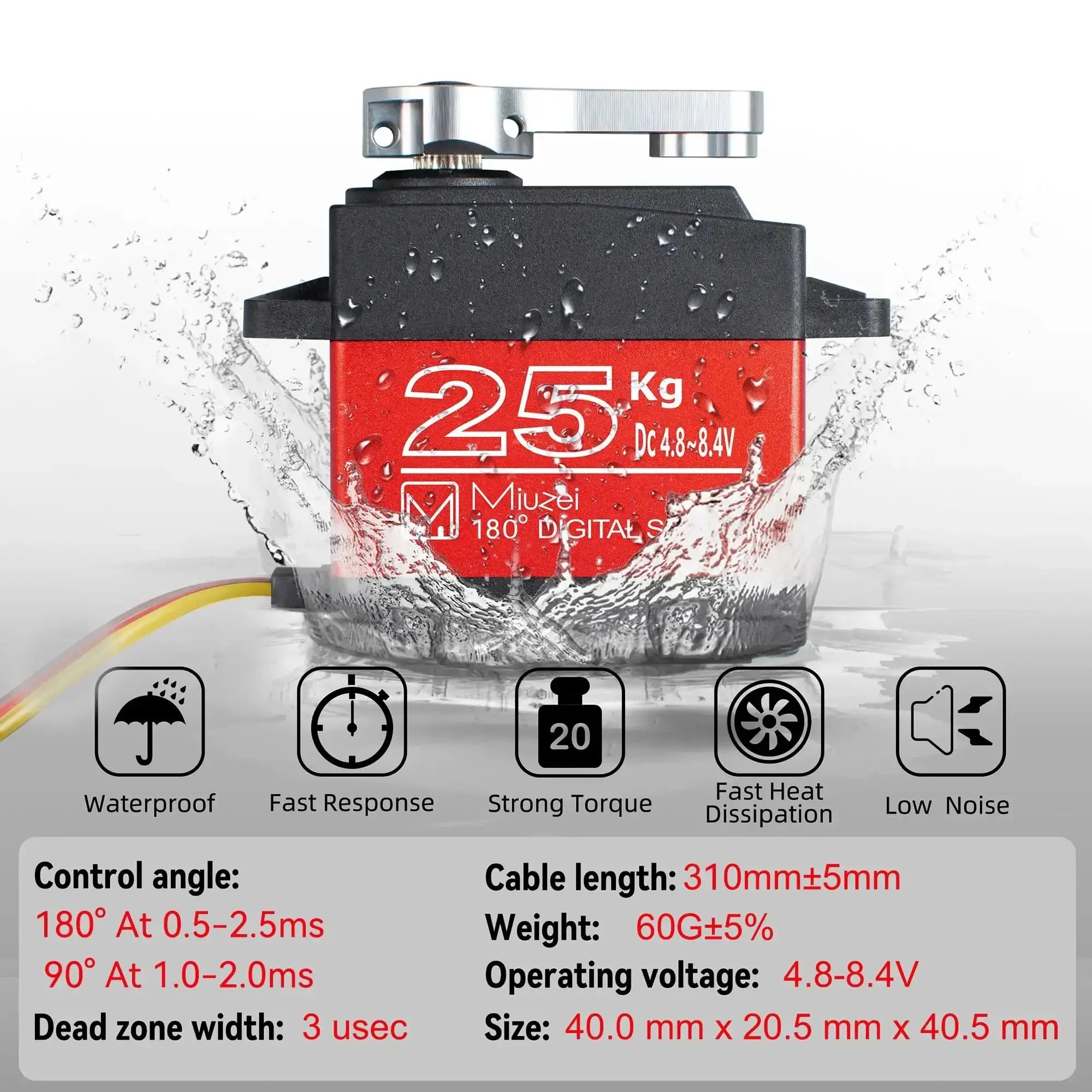 25Kg High Torque RC Servo Motor With Metal Gear Waterproof And Durable For One Eighth And One Tenth Scale RC Cars Includes 25T Horn 180 Degree Steering Double Ball Bearing Quiet Smooth Stable Torque - Image 3