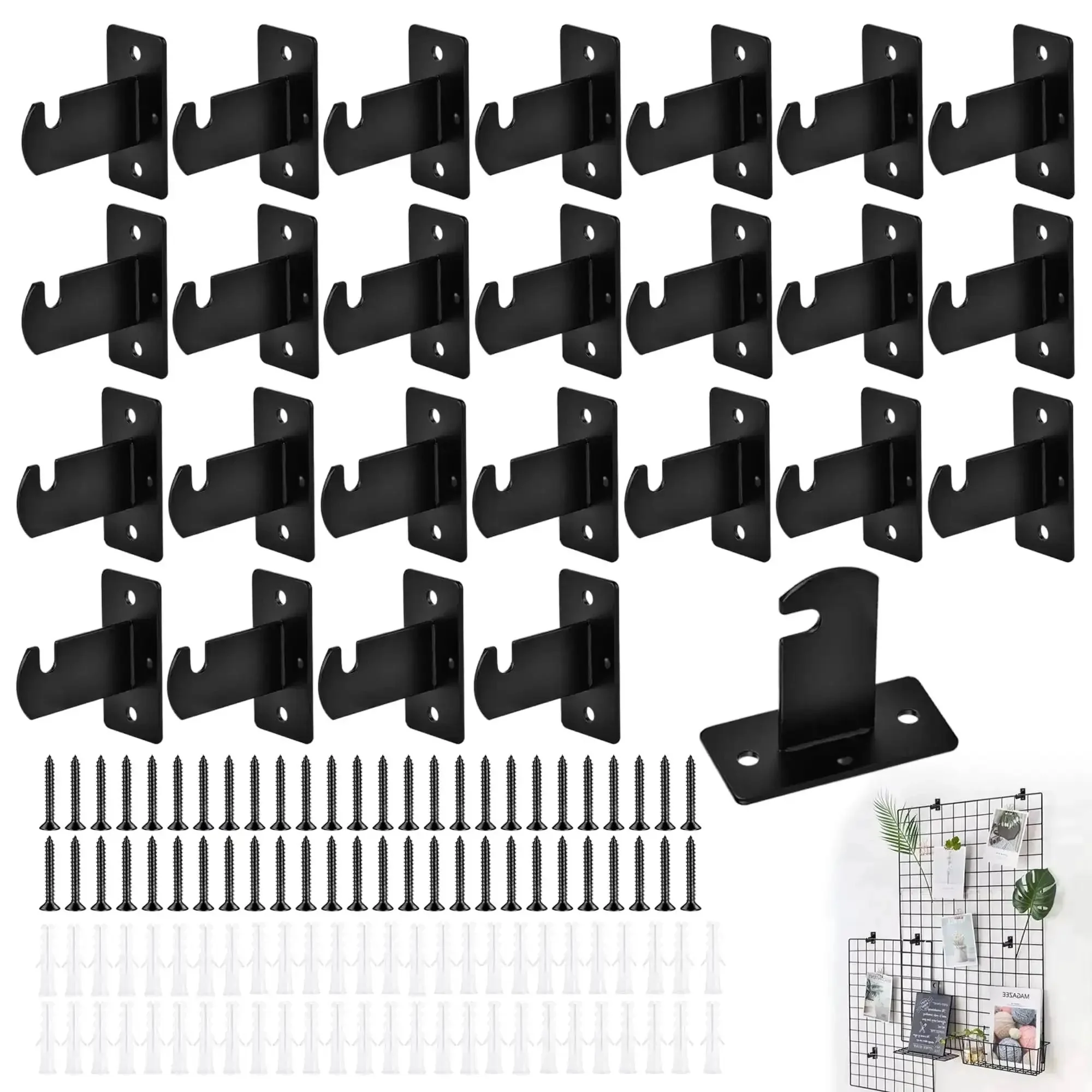 26 Piece Gridwall Mount Brackets Black With Screws And Wall Anchors, Chrome Plated Iron Gridwall Accessories Kit For Retail Displays, Home, Shop, Garage And Office Wall Organization