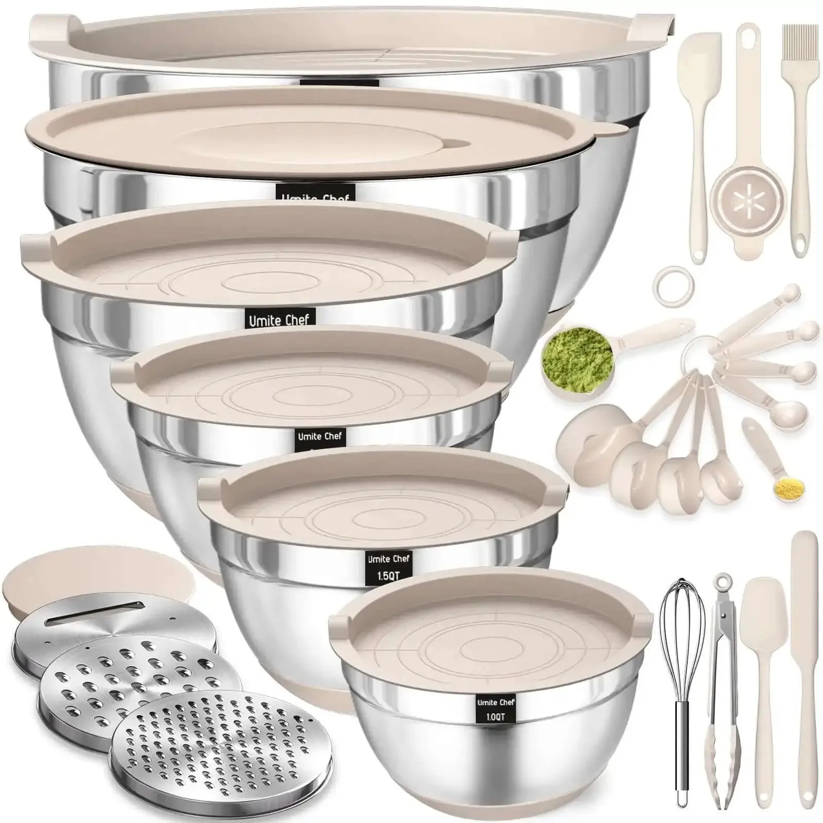 26 Piece Stainless Steel Mixing Bowls Set With Airtight Lids And Grater Attachments Non Slip Bottoms Khaki Kitchen Gadgets For Meal Prep Storage Cooking And Serving Includes 1 Qt 1.5 Qt 2 Qt 2.5 Qt 4 Qt 7 Qt Bowls