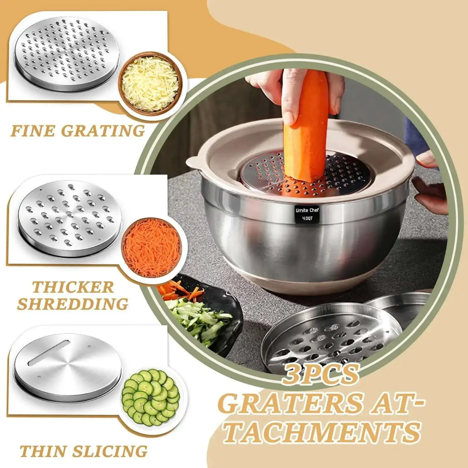 26 Piece Stainless Steel Mixing Bowls Set With Airtight Lids And Grater Attachments Non Slip Bottoms Khaki Kitchen Gadgets For Meal Prep Storage Cooking And Serving Includes 1 Qt 1.5 Qt 2 Qt 2.5 Qt 4 Qt 7 Qt Bowls - Image 6