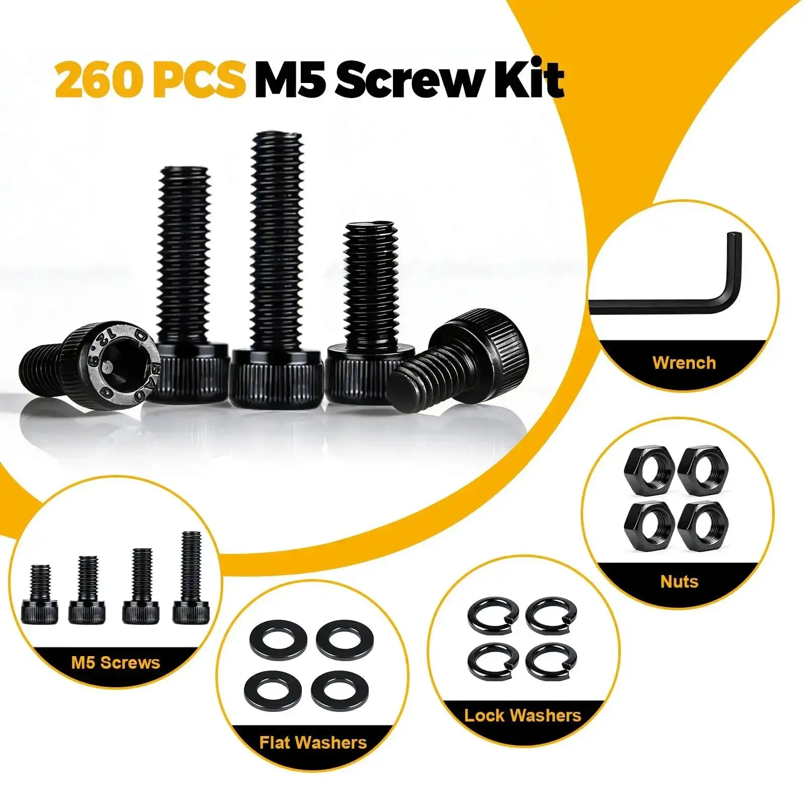 260 Piece M5 Screw Kit With Bolts Nuts Washers And Hardware Set, 12.9 Alloy Steel Plated Hex Socket Head Screws M5 Lengths 8 10 12 16 20 25 30 35mm, Durable Fastener Organizer For DIY Projects - Image 6