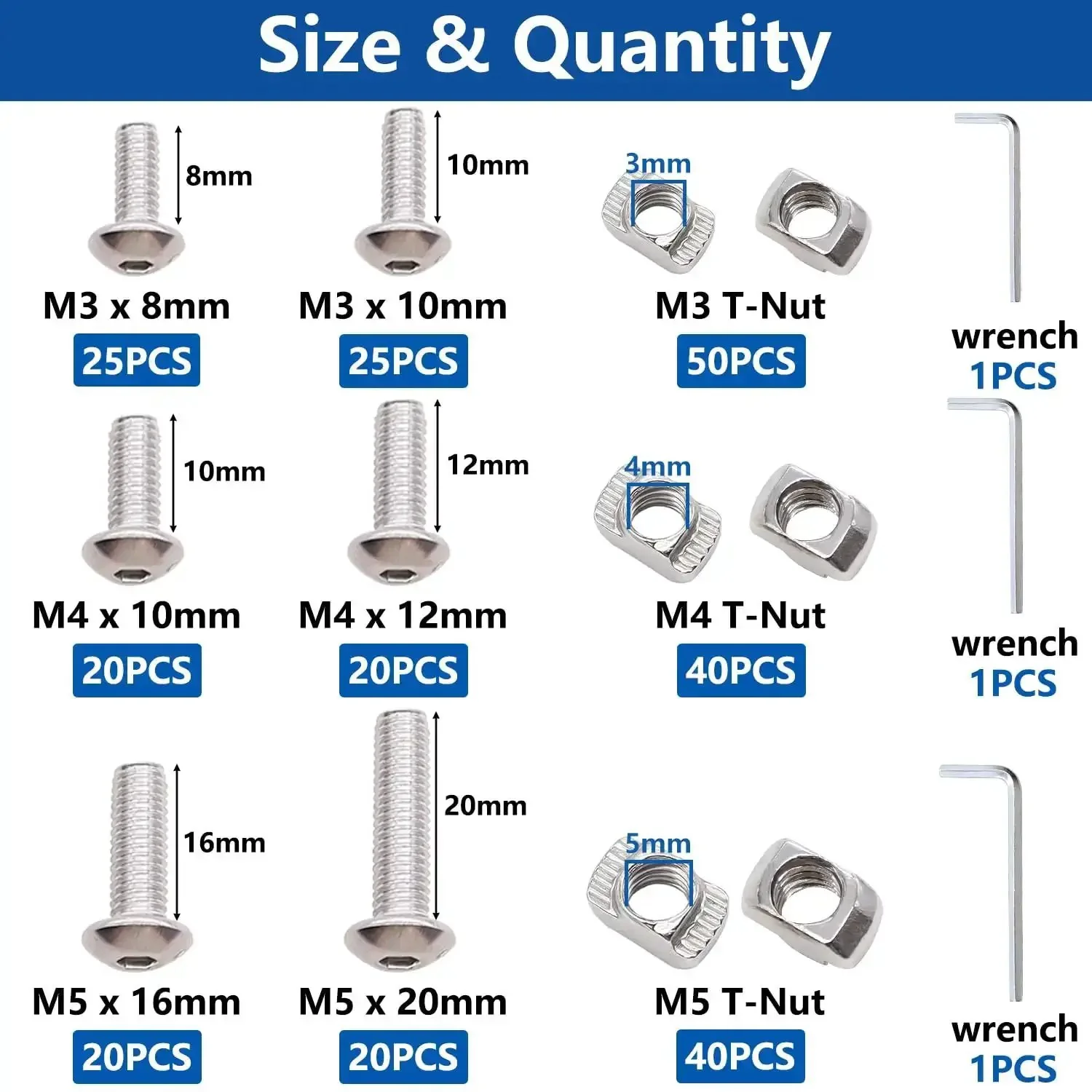 260Pcs M3 M4 M5 T Slot Nuts and Button Head Screws Kit for 2020 Aluminum Extrusion Profile Nickel Plated Carbon Steel Hammer Head Fasteners Easy Install Heavy Duty DIY Hardware - Image 6