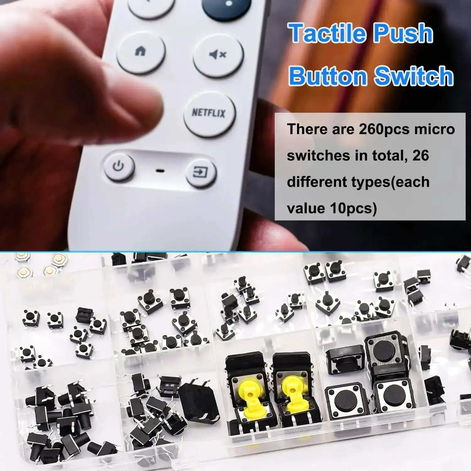 260Pcs Micro Momentary Tactile Push Button Switch Kit With 26 Values 2 3 4 Pin Options, 12V DC, 50mA Rating, Great For DIY Electronics, Prototyping, And Quick Troubleshooting In Projects - Image 3
