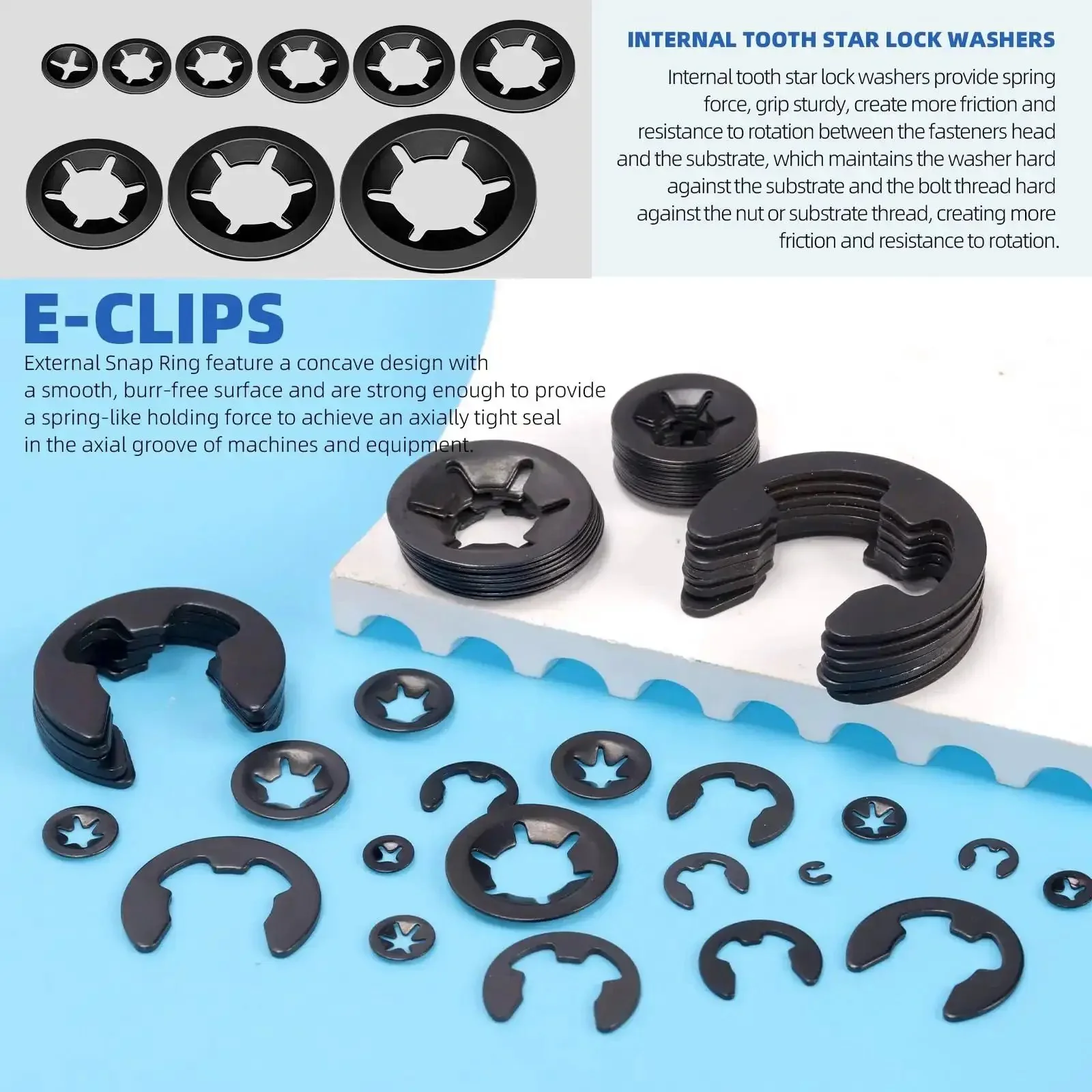 261 Pcs Lock Washer And E Clip Kit With 100 Internal Tooth Star Washers In Nine Sizes And 160 E Ring Circlips In Fourteen Sizes Plus A Pair Of Tweezers For Easy DIY Fixes Must Have For DIYers - Image 3