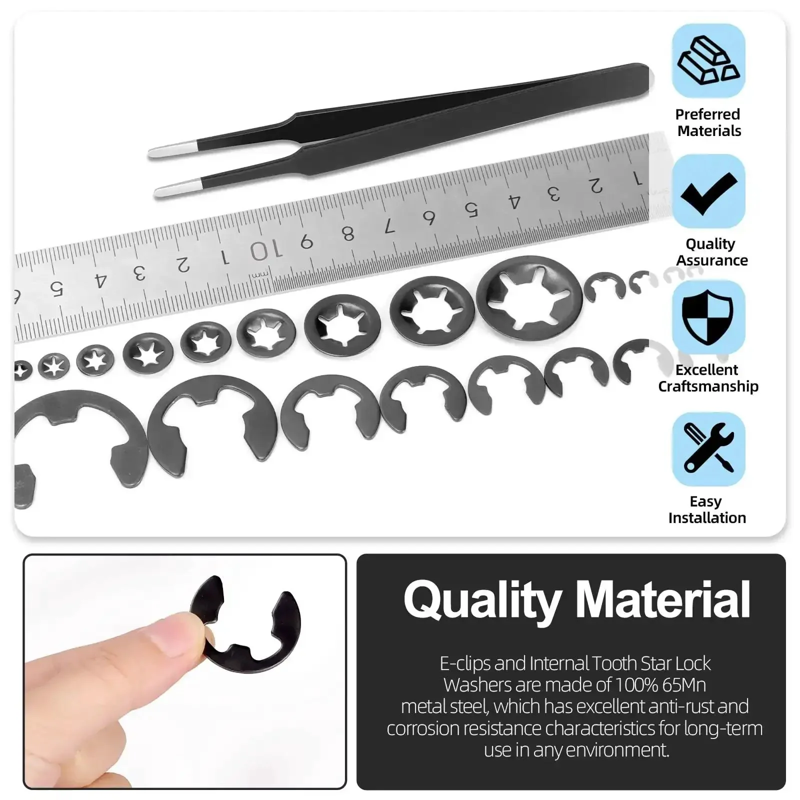 261 Pcs Lock Washer And E Clip Kit With 100 Internal Tooth Star Washers In Nine Sizes And 160 E Ring Circlips In Fourteen Sizes Plus A Pair Of Tweezers For Easy DIY Fixes Must Have For DIYers - Image 4
