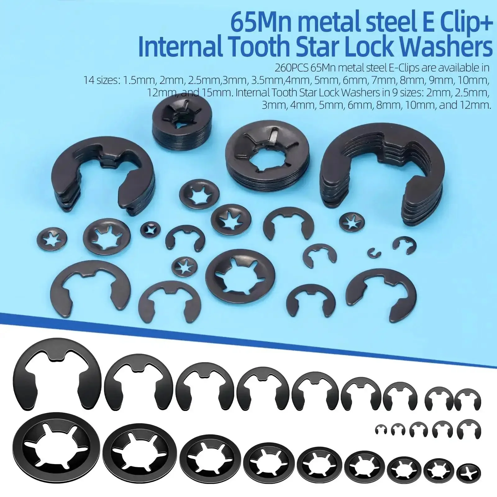 261 Pcs Lock Washer And E Clip Kit With 100 Internal Tooth Star Washers In Nine Sizes And 160 E Ring Circlips In Fourteen Sizes Plus A Pair Of Tweezers For Easy DIY Fixes Must Have For DIYers - Image 5
