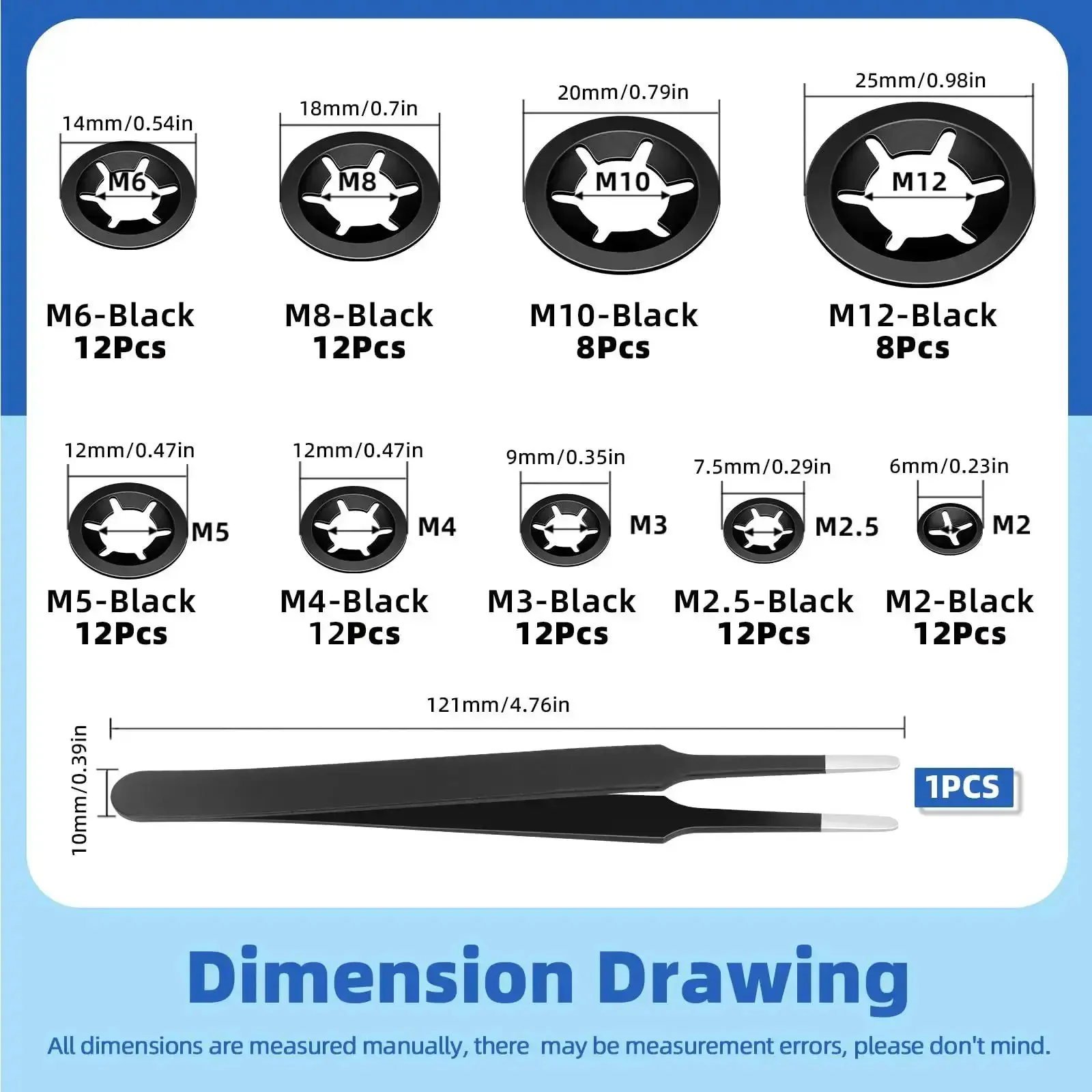 261 Pcs Lock Washer And E Clip Kit With 100 Internal Tooth Star Washers In Nine Sizes And 160 E Ring Circlips In Fourteen Sizes Plus A Pair Of Tweezers For Easy DIY Fixes Must Have For DIYers - Image 7