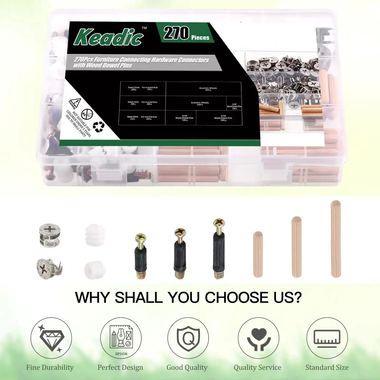 270 Piece 3 In 1 Cam Lock Nuts And Wood Dowel Pins Set For Cabinets Drawers Wardrobes And Furniture Panels Includes Connectors Nuts Bolts Screws And Fasteners In Silver - Image 2