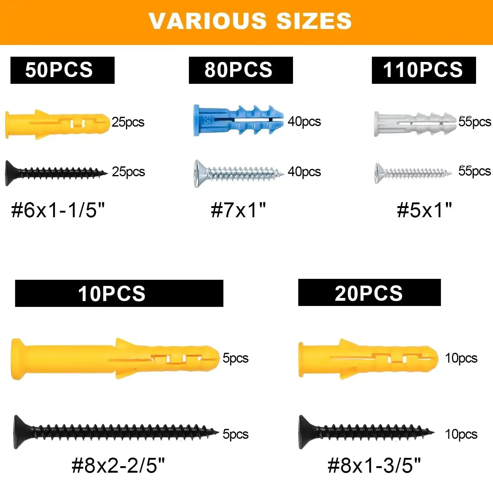 270 Piece Wall Anchors Kit For Drywall And Concrete Includes Five Essential Sizes With 27 Sets Each Plastic Anchors And Phillips Wood Screws For Picture Hangers Frames Canvases And DIY Home Improvement Projects - Image 3