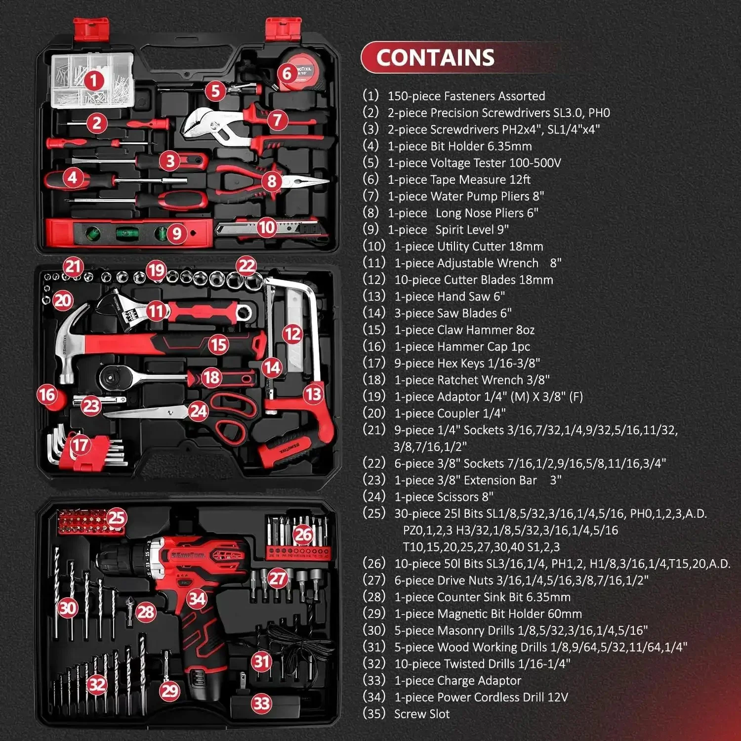 276-Piece Tool Set Kit With 12V Cordless Drill Driver, Portable Toolbox With Drawer, Heavy-Duty Storage Case, Perfect for Homeowners, Diyers, and Handymen, Great for Home Projects and Weekend Fix-Ups - Image 9