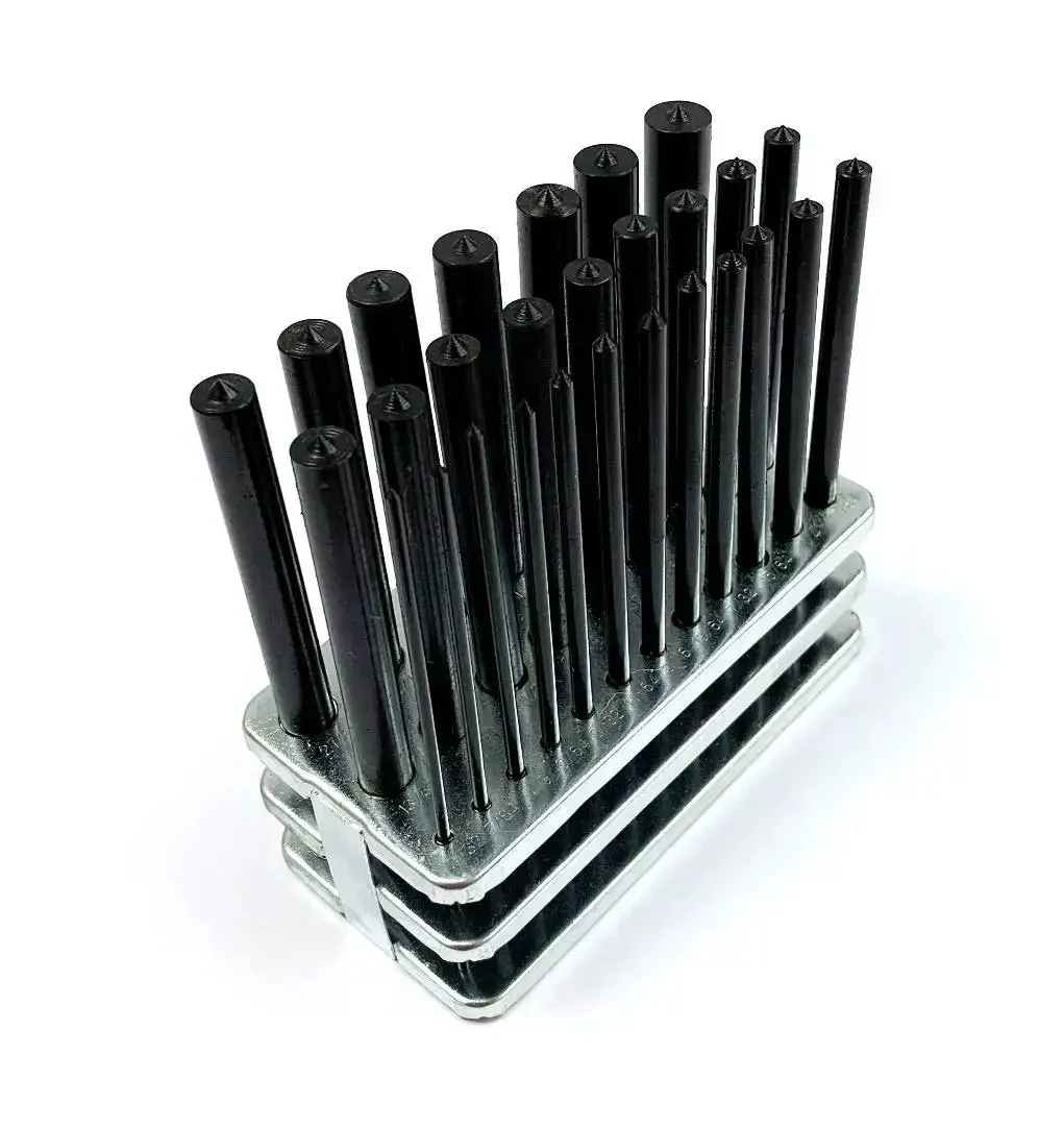 28 Piece Transfer Punch Set For Precise Hole Layout And Transfer, Ranging From 3/32 To 1/2 Inch By 64ths And 17/32 Inch, Undersize Tolerance.0025, Hardened Tool Steel, 4 7/8 Inch Length, Black Oxide Finish, Indexed Stand For Accurate Hole Transfer