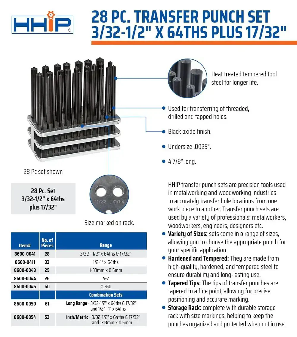 28 Piece Transfer Punch Set For Precise Hole Layout And Transfer, Ranging From 3/32 To 1/2 Inch By 64ths And 17/32 Inch, Undersize Tolerance.0025, Hardened Tool Steel, 4 7/8 Inch Length, Black Oxide Finish, Indexed Stand For Accurate Hole Transfer - Image 9