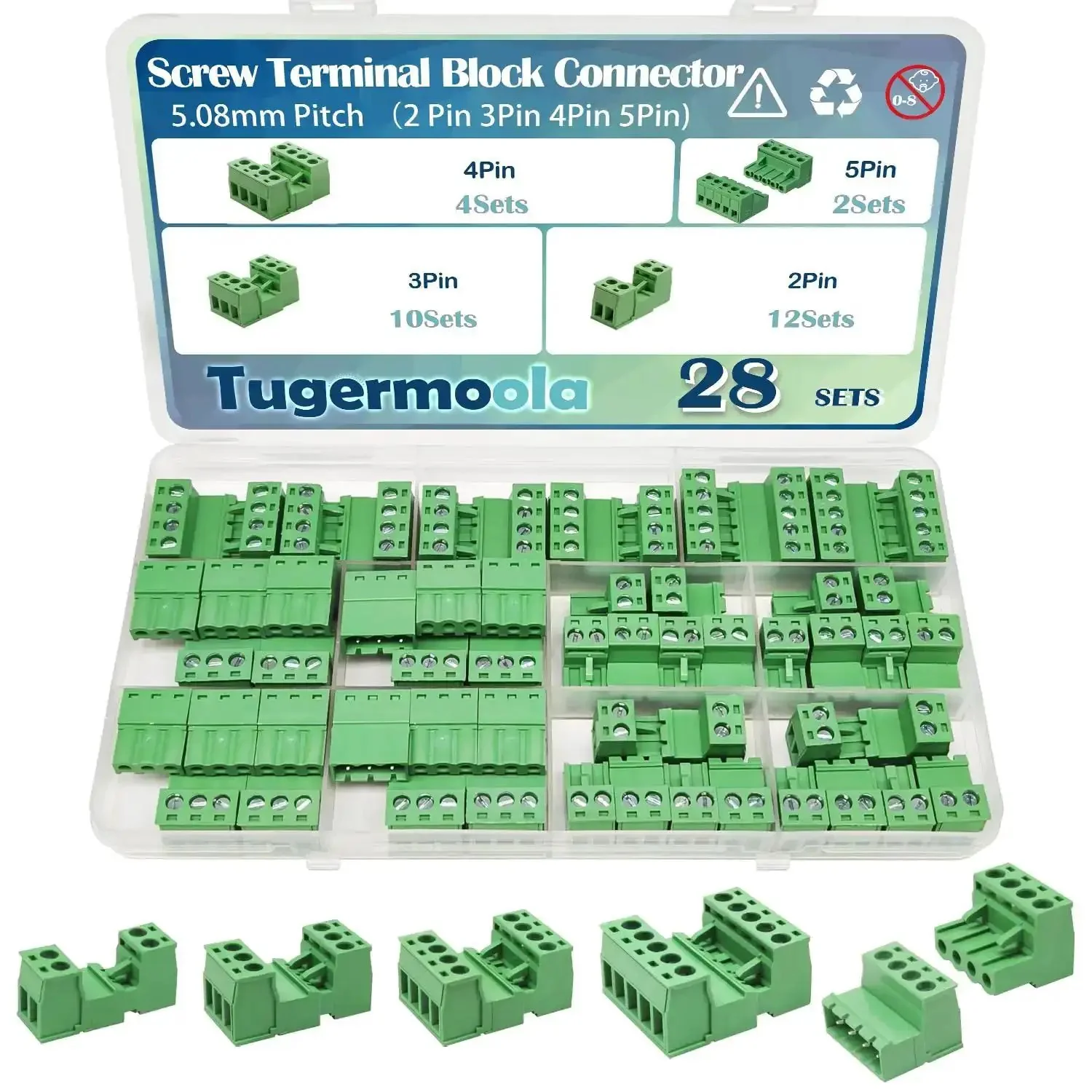 28 Sets Screw Terminal Block Connector Assortment Kit With 5.08mm Pitch Pro Grade Quality Includes 2 Pin 3 Pin 4 Pin 5 Pin Connectors For 24 To 12 AWG Cable On PCB OLA007
